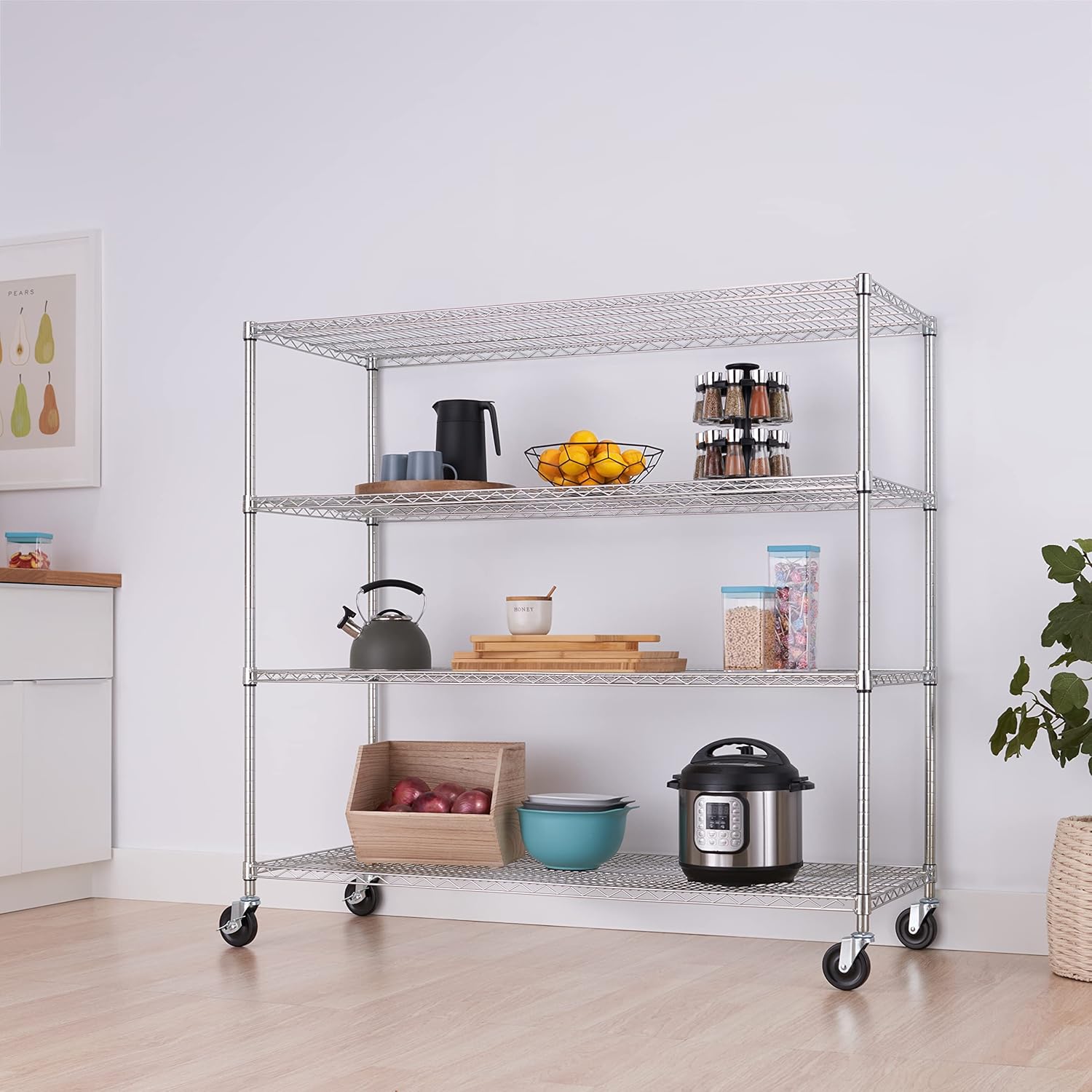 Trinity Basics 4-Tier Adjustable Wire Shelving with Wheels for Kitchen Organization, Garage Storage, Laundry Room, NSF Certified, 600 to 1800 Pound Capacity, 60” by 24” by 54”, EcoStorage Chrome
