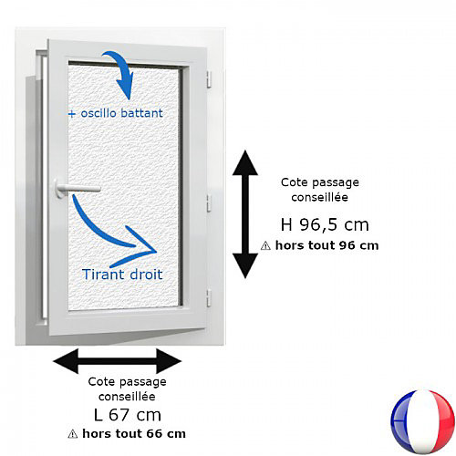 Fenêtre PVC blanc 1 vantail hors tout H 96 x L 66 cm oscillo battant verre brouillé pour pose rénovation - tirant droit