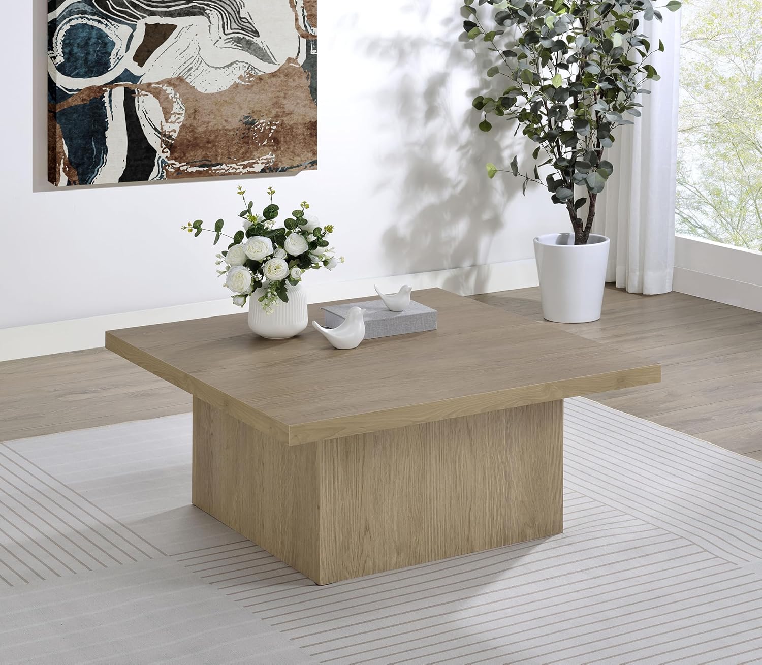 Coaster Home Furnishings - Devar - Wood - Square Coffee Table with Plinth Base, Geometric Design and Transitional Style - Living Room - Latte - 710918