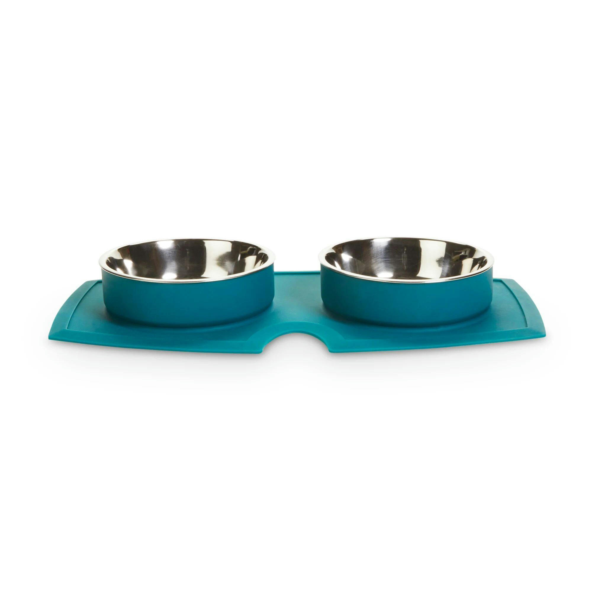 Petco Silicone Double Diner with Stainless Steel 2 Cup Bowls, Teal