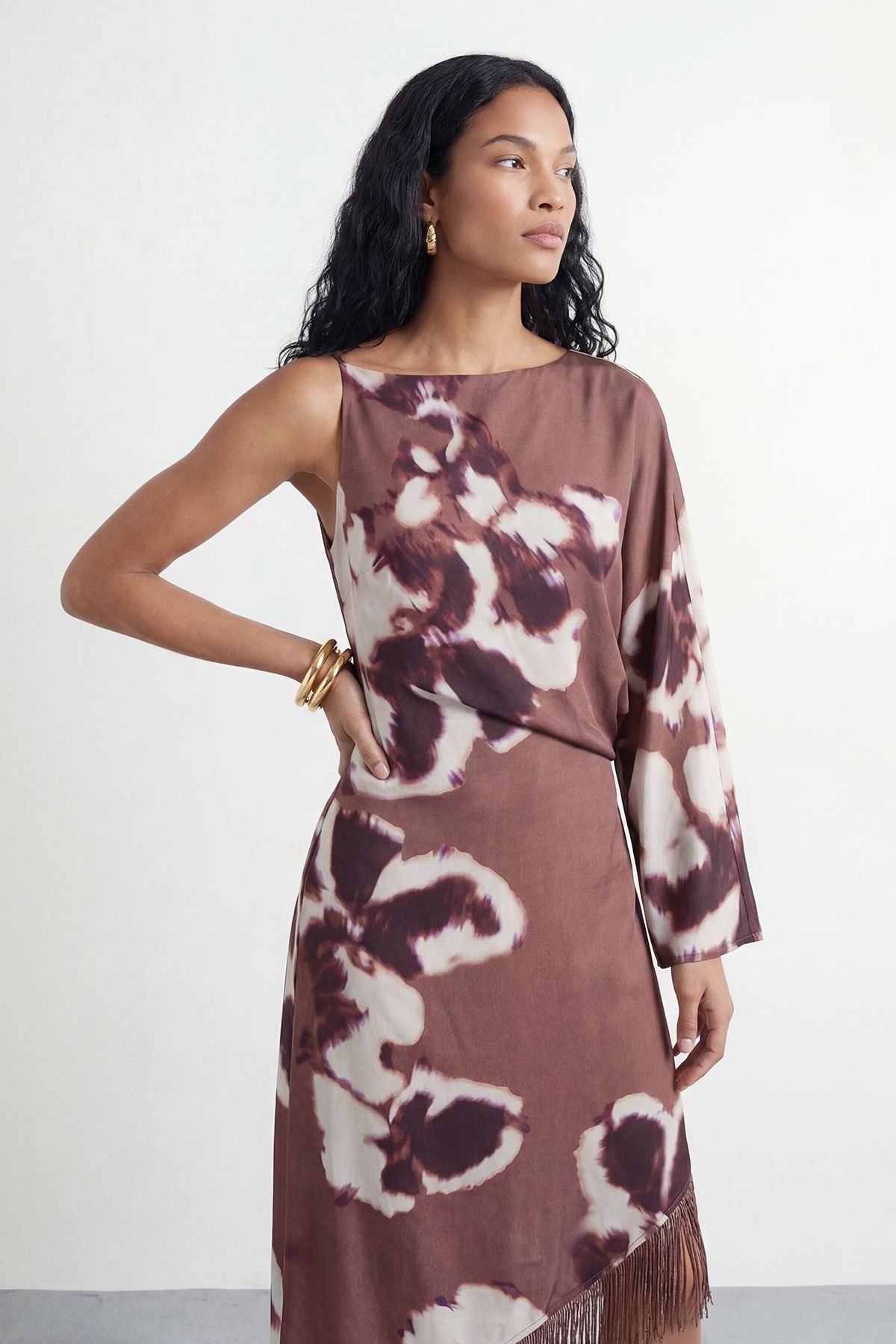 Warehouse Petite Placement Print One Shoulder Satin Midi Dress