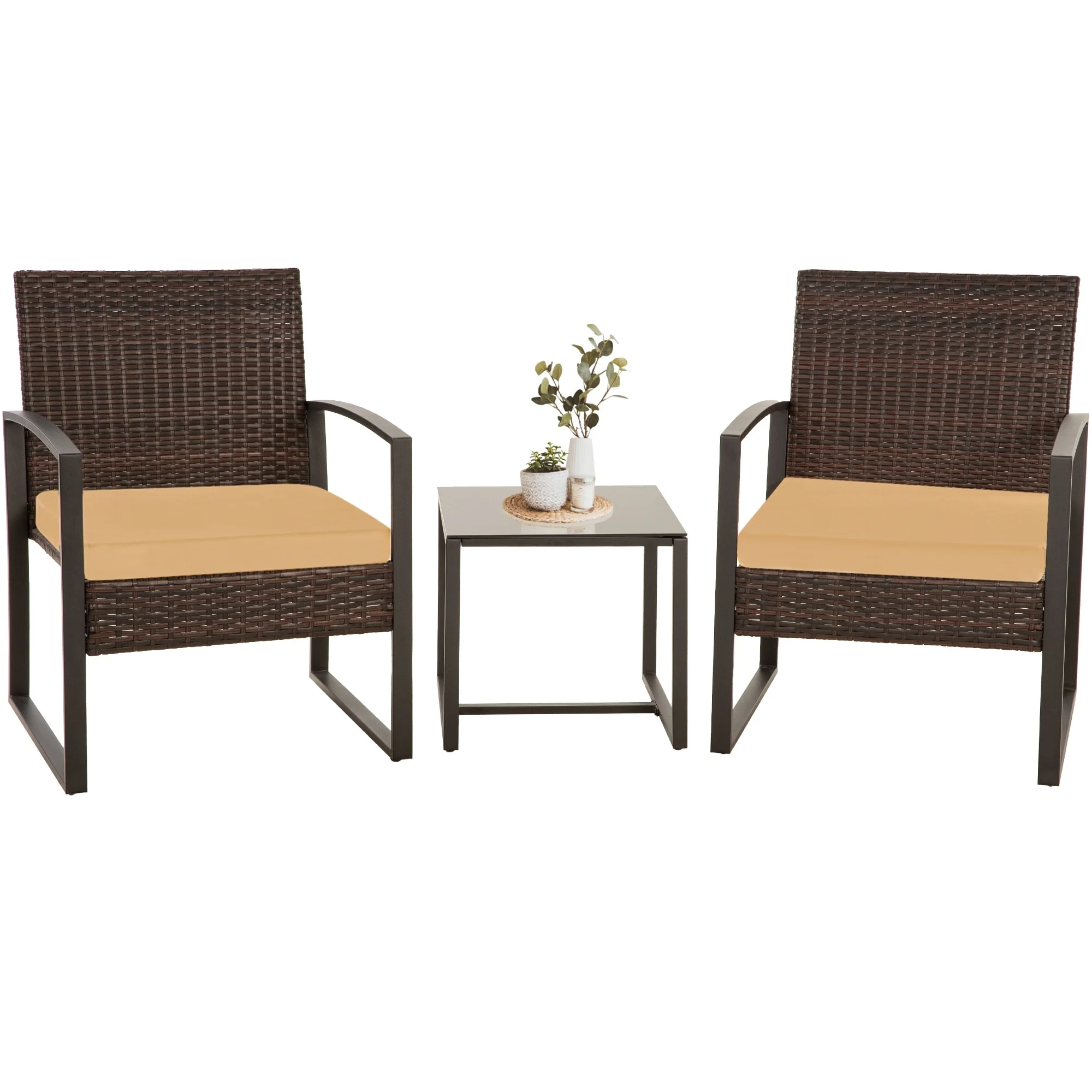 Zenova 3 Piece Outdoor Patio Convensation Set, Wicker Table and Chairs Set of 2, All-Weather Rattan Balcony Furniture Set
