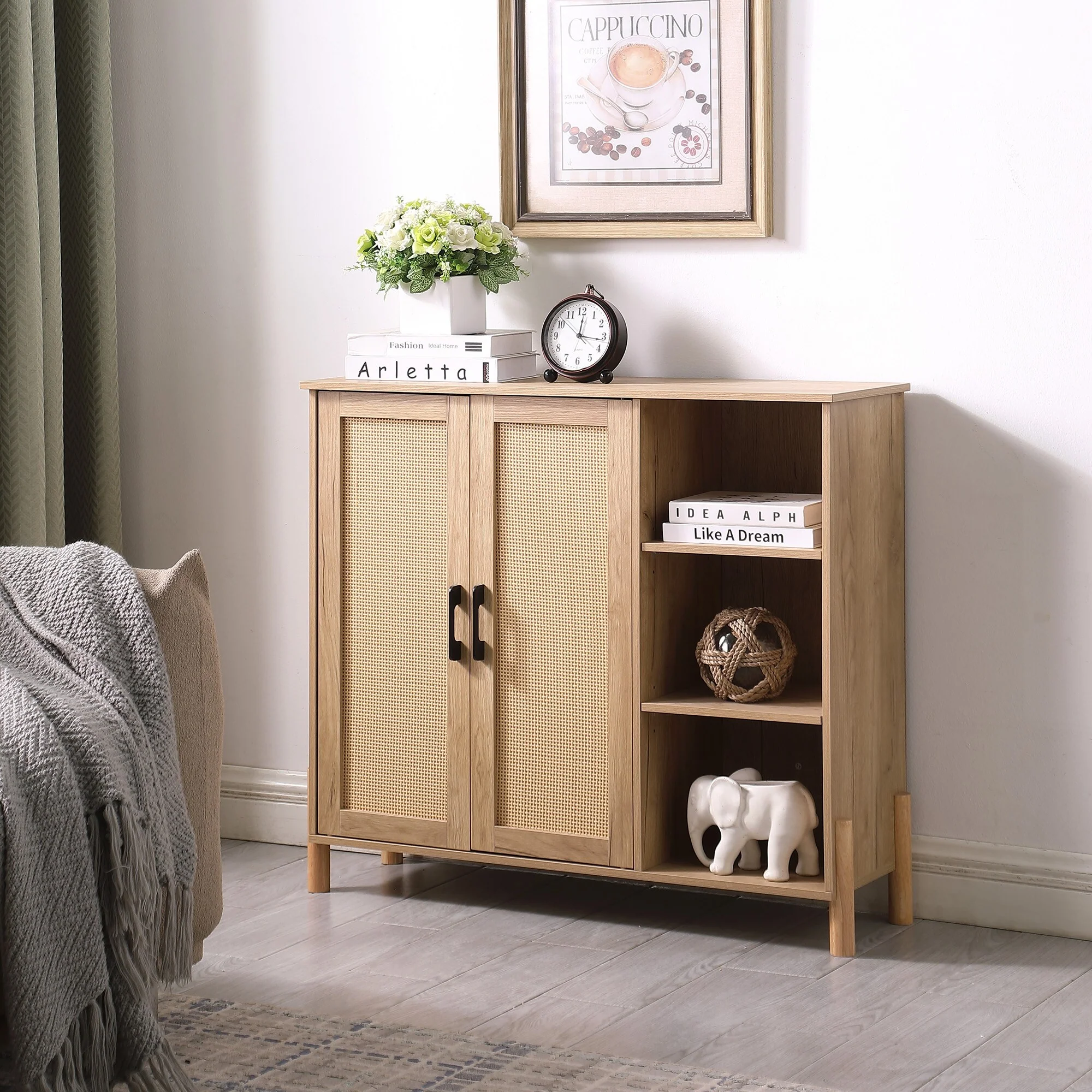 Mid-Century Modern Storage Cabinet with Woven Rattan Doors, Open Shelves & Adjustable Shelves - Perfect