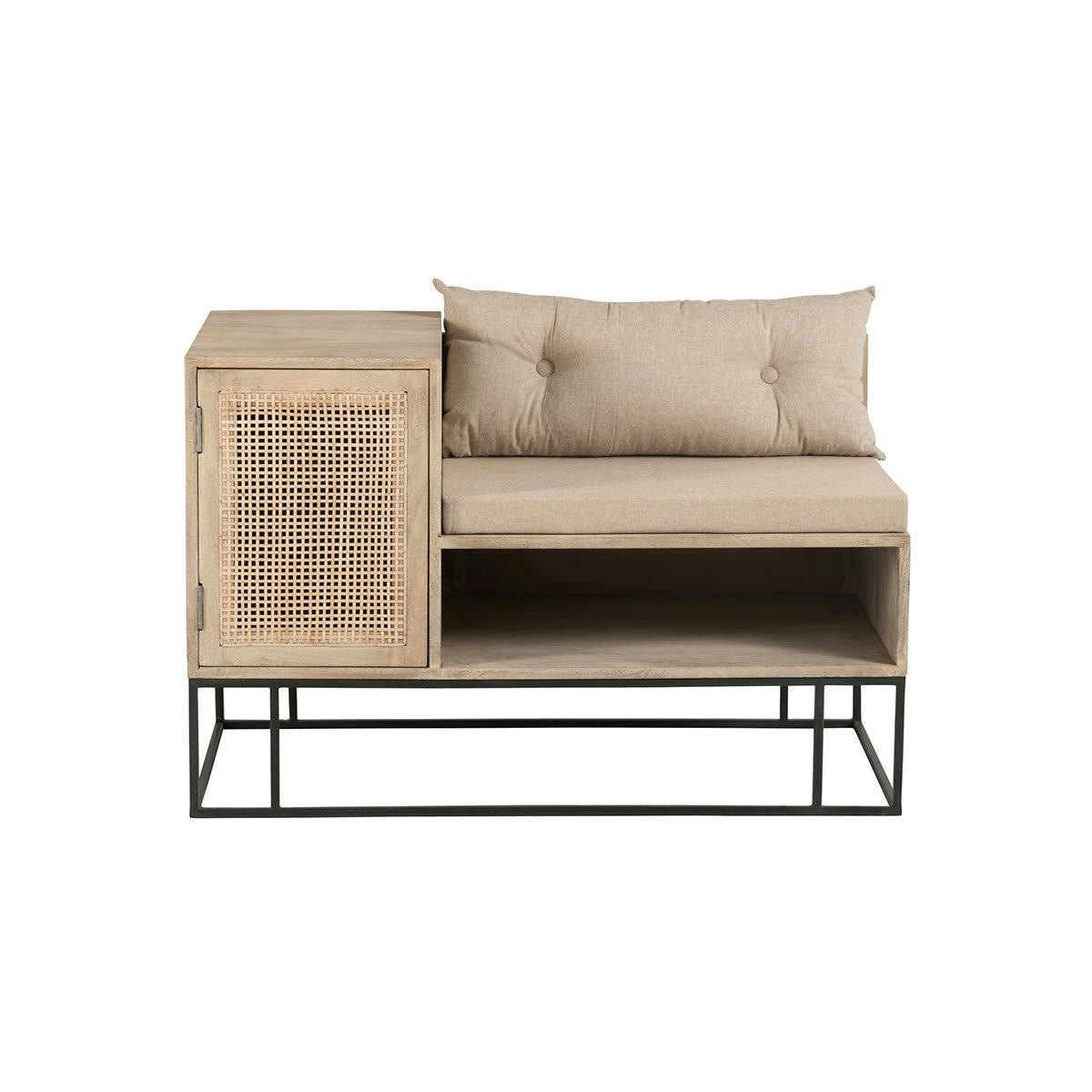 UKIALA - Petit banc design avec placard bois cannage et coussins beige