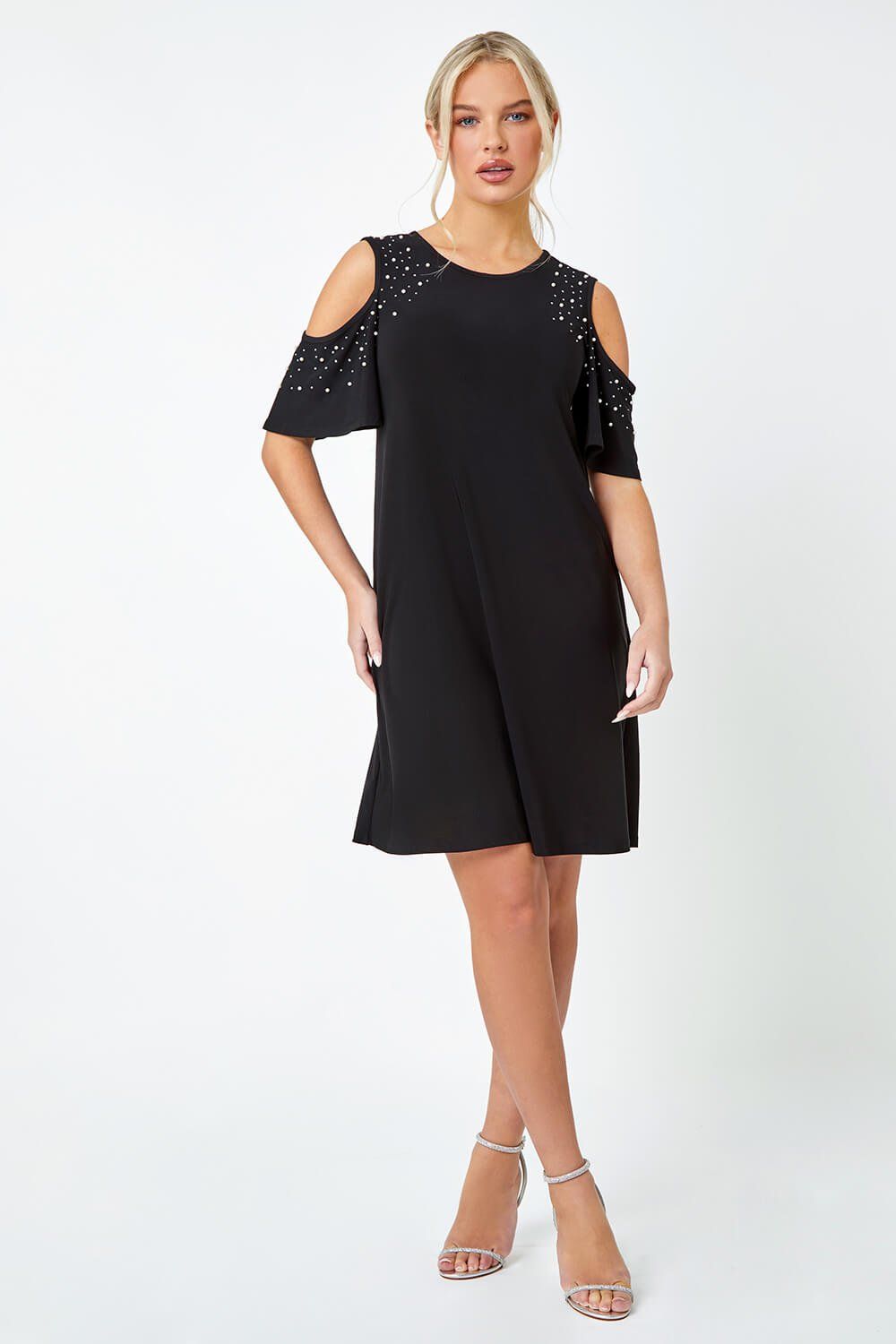 Roman Petite Sparkle Cold Shoulder Shift Dress