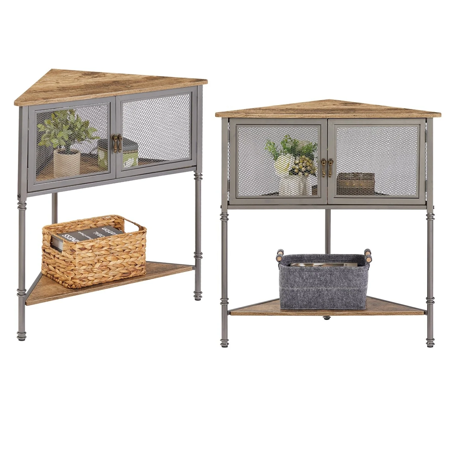 VECELO 3-Tier Corner Shelf with Storage Cabinet and Doors, Metal Frame Corner Cabinet