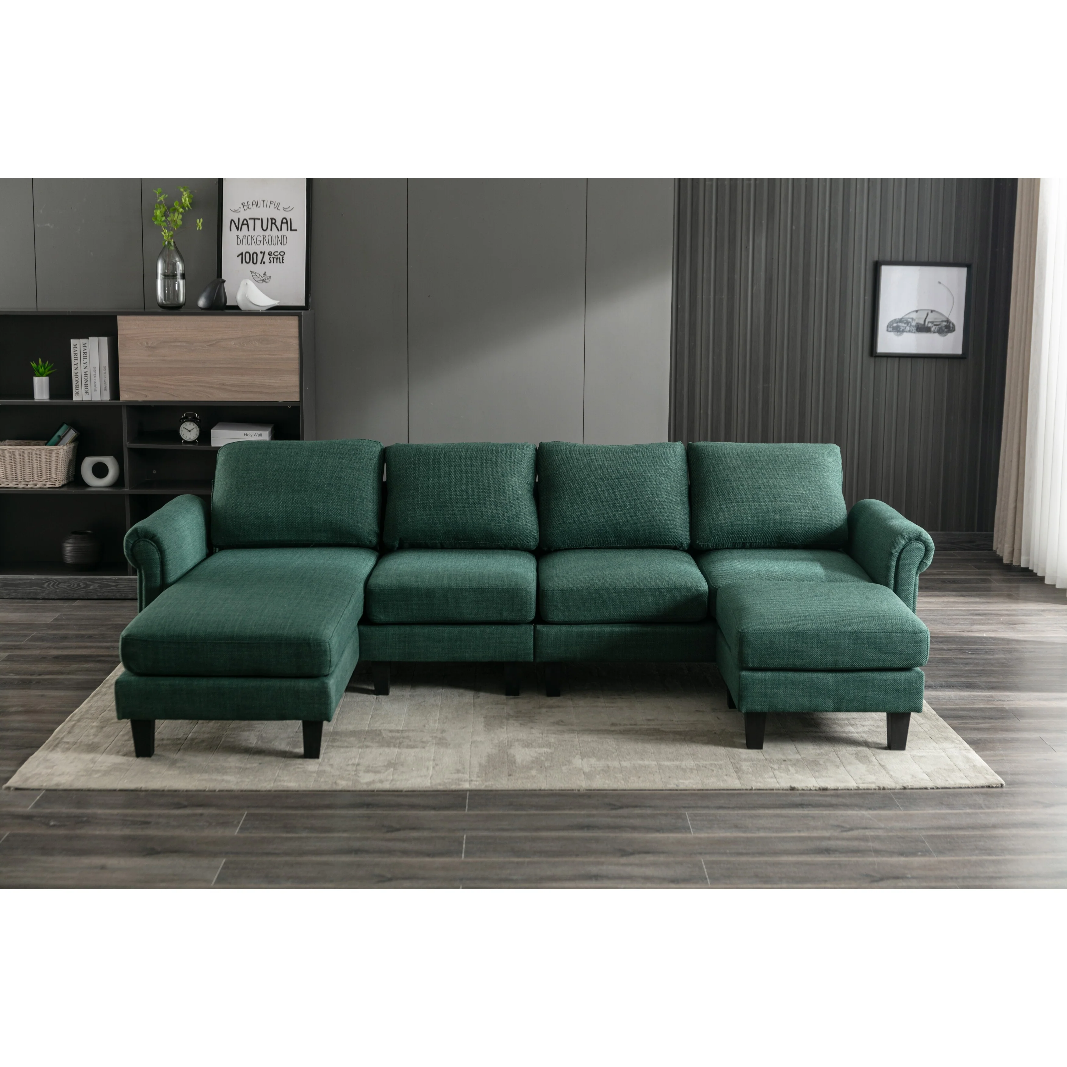 Green 108.66'' U-Shaped 6-Seater Modular Sofa with Ottoman and Reversible Design