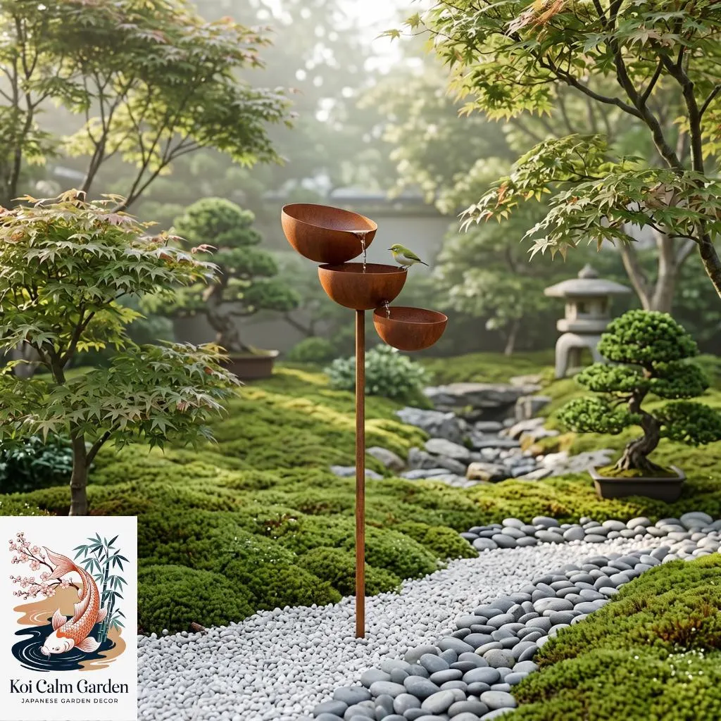 3-Tier Metal Rain Catcher Bird Bath - Japanese Garden Stake, Rustic Outdoor Bird Water Feeder, Vintage Garden Decor, weathered, rusty corten