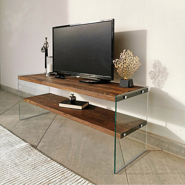 Meuble TV contemporain verre et bois 120 cm - JOY