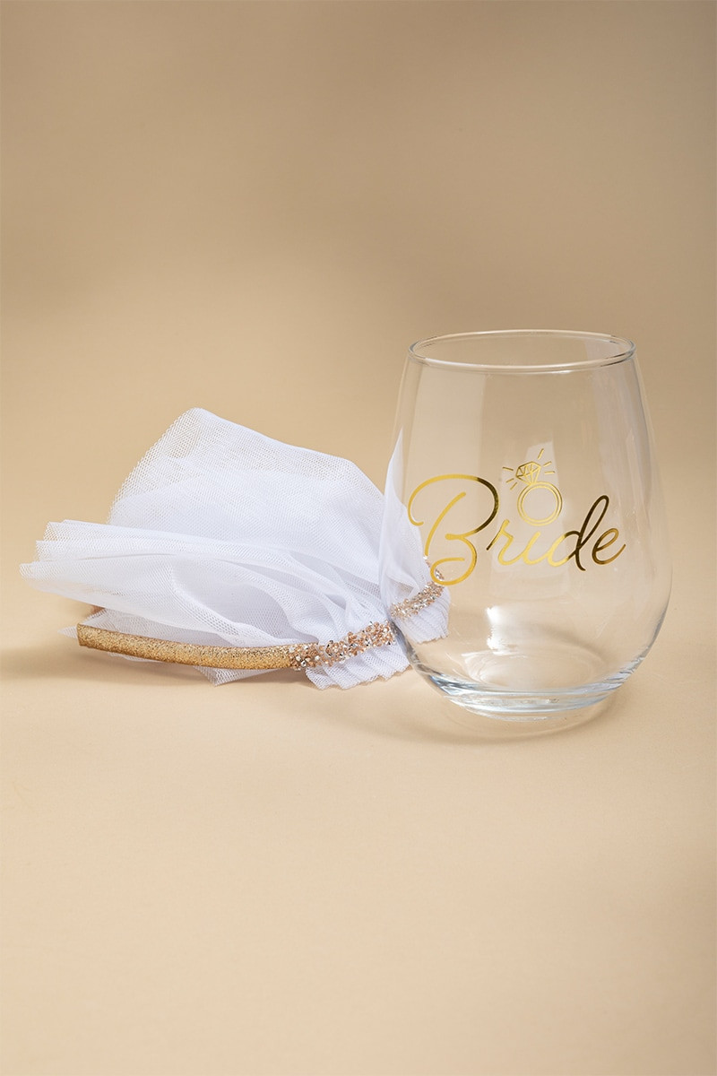 Bride Stemless Wine Glass and Veil Headband