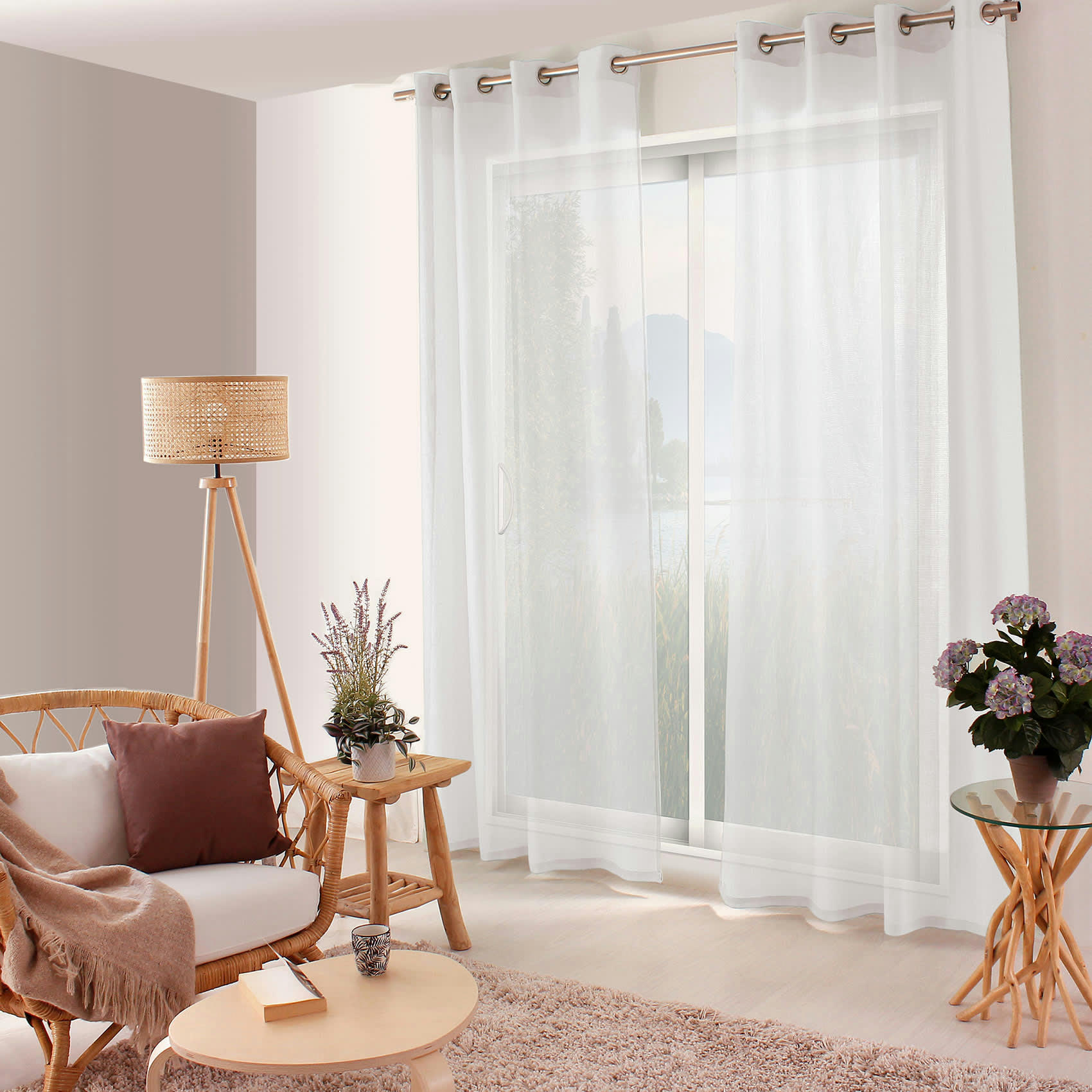 - Voilage uni ajouré à œillets polyester blanc 140x240 cm