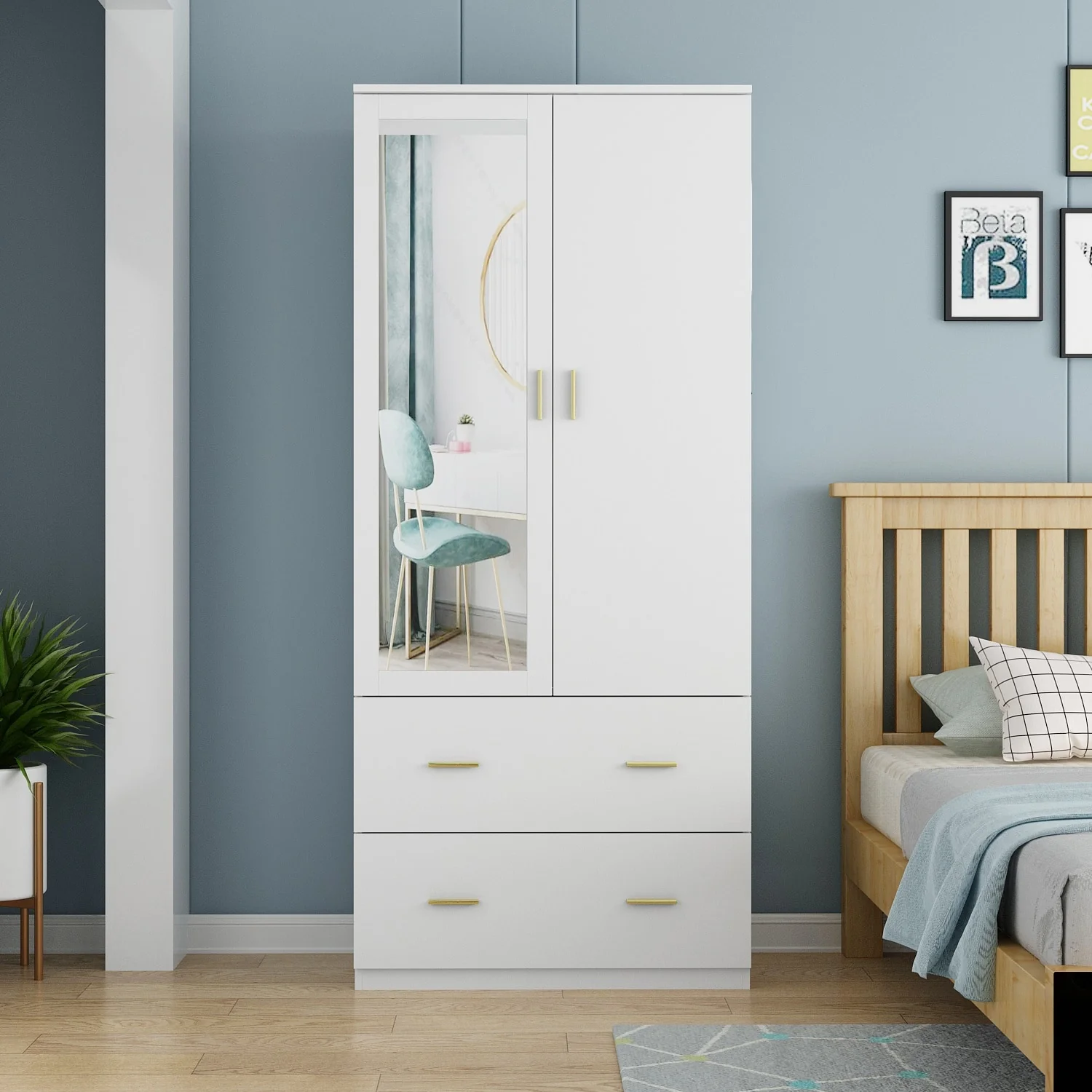 Kerrogee Bedroom Armoires Wardrobe with Mirror Drawers and Doors