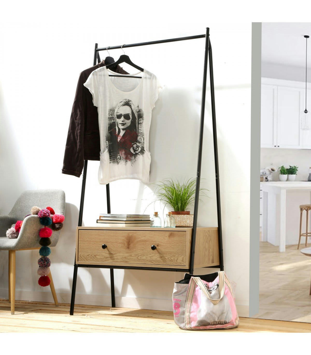 JILL - Penderie en métal Noir avec 1 Tiroir décor Chêne Jill - H170cm