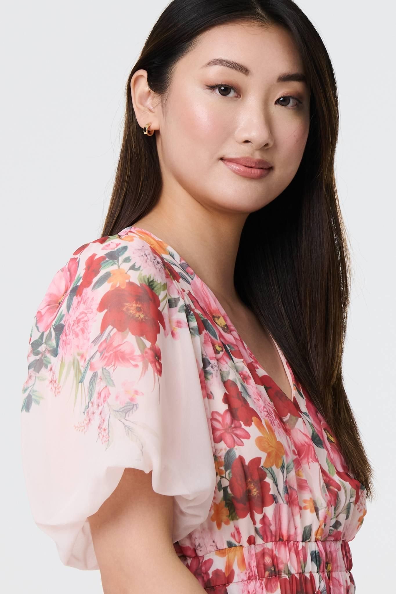 Izabel London Floral Print Angel Sleeve Mini Dress