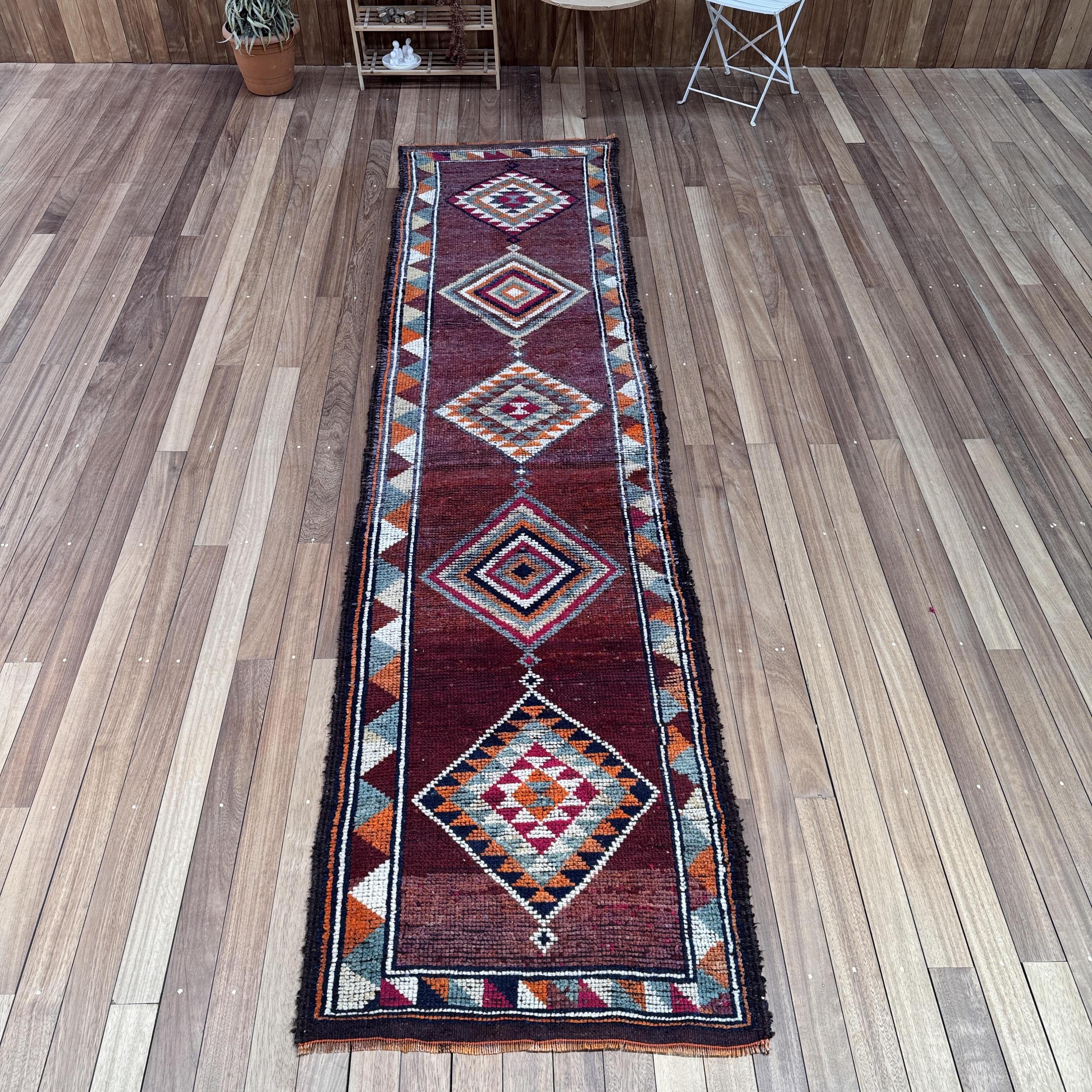 3x11.8 ft Vintage Turkish Rug, Decorative Stair Rug, Herki Brown Wool Rug