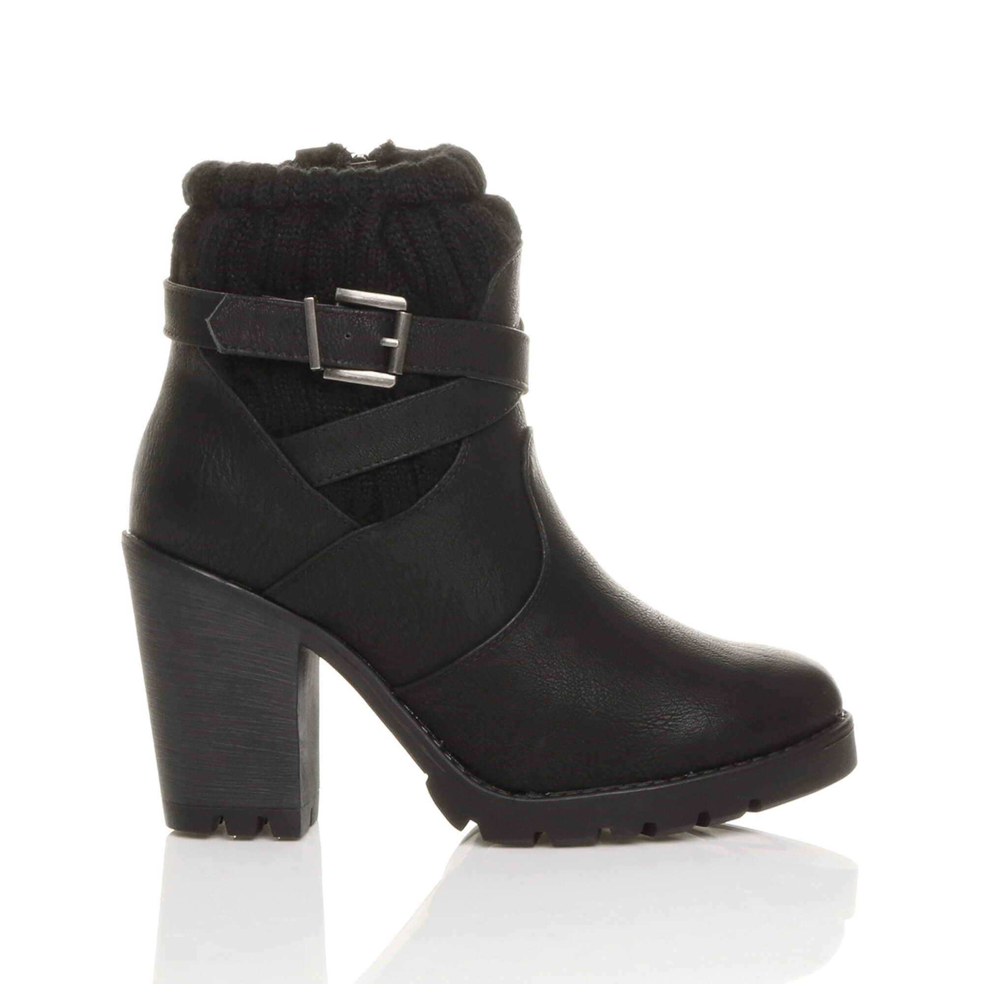 AJVANI High Block Heel Knitted Collar Biker Ankle Boots