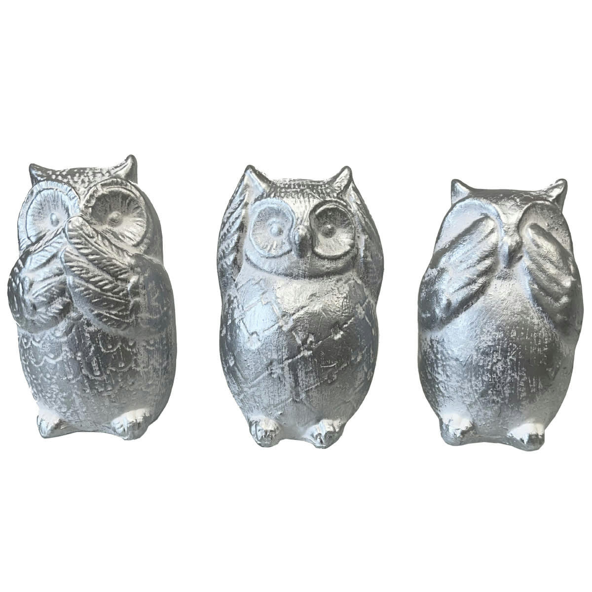 - Statues en céramique trio de hiboux blanc patiné argent