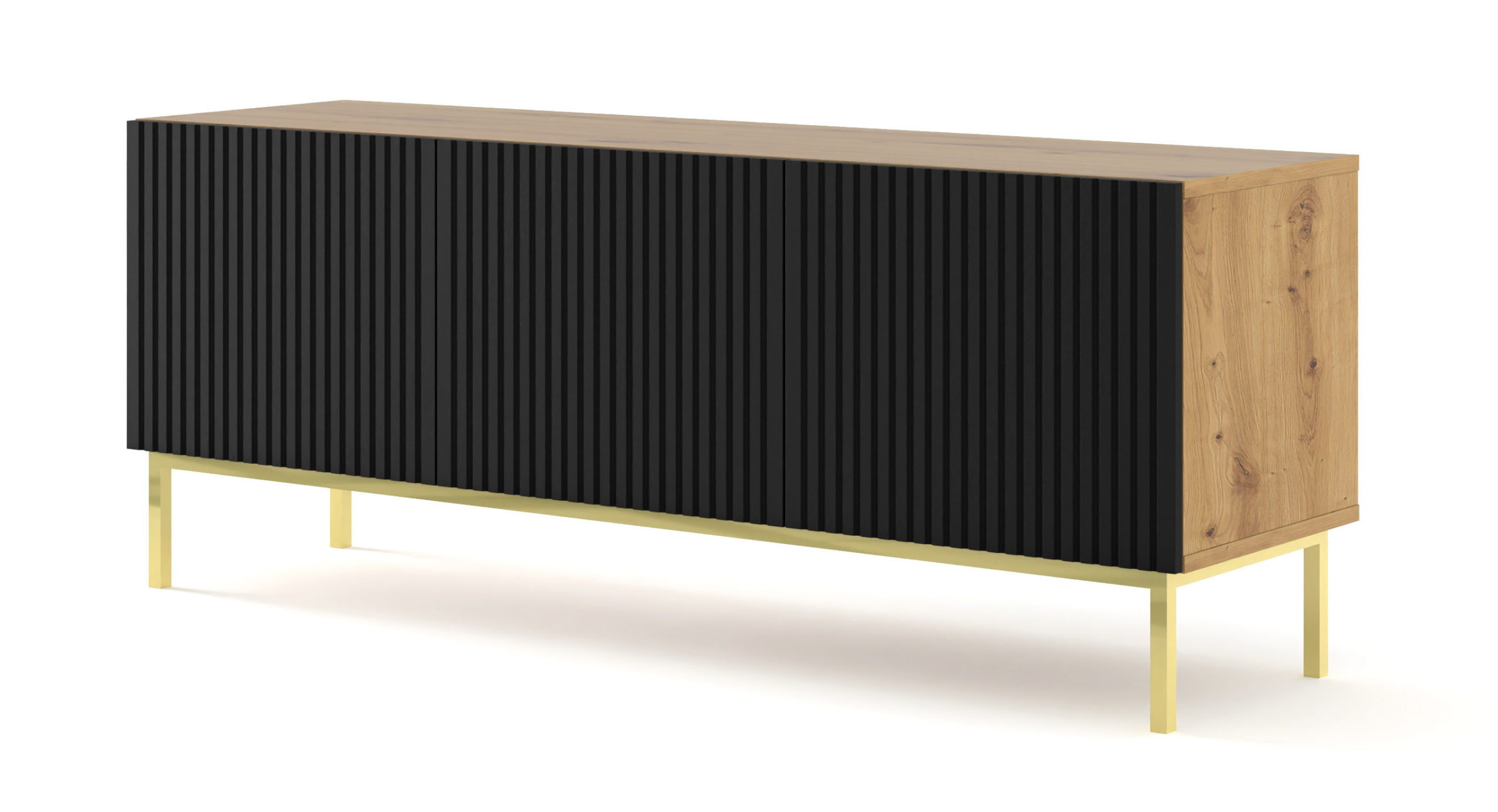 Ravenna B Szafka RTV 150 3D frez MDF dąb artisan / czarny   RAMA ZŁOTA