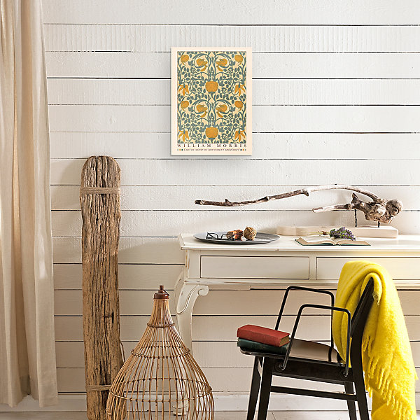 Affiche William Morris motifs, exposition, fleurs, feuilles l.30 x H.40 cm orange, bleu, beige