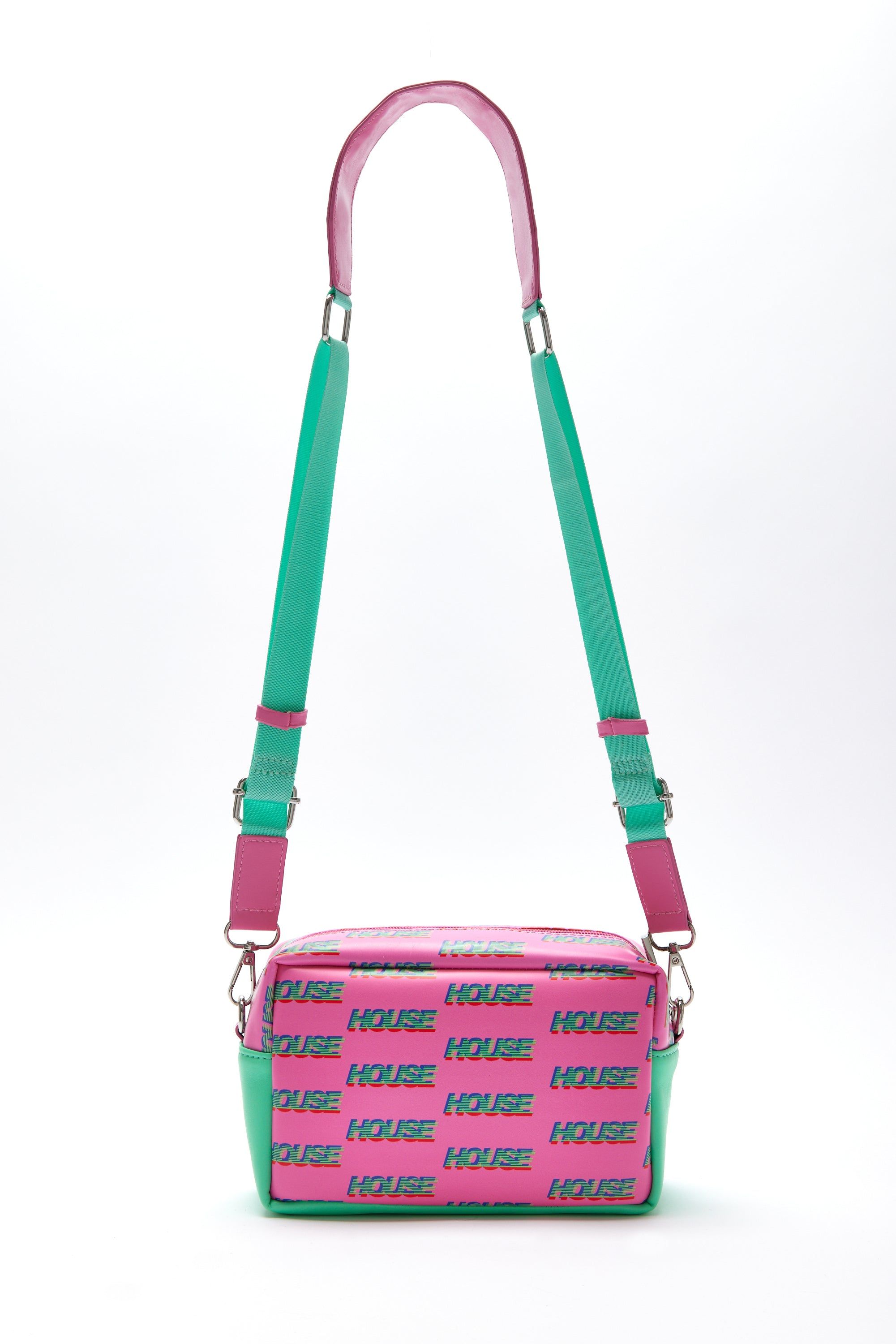 House of Holland Cross Body Bag In Pink And Mint With ‘House’ Print