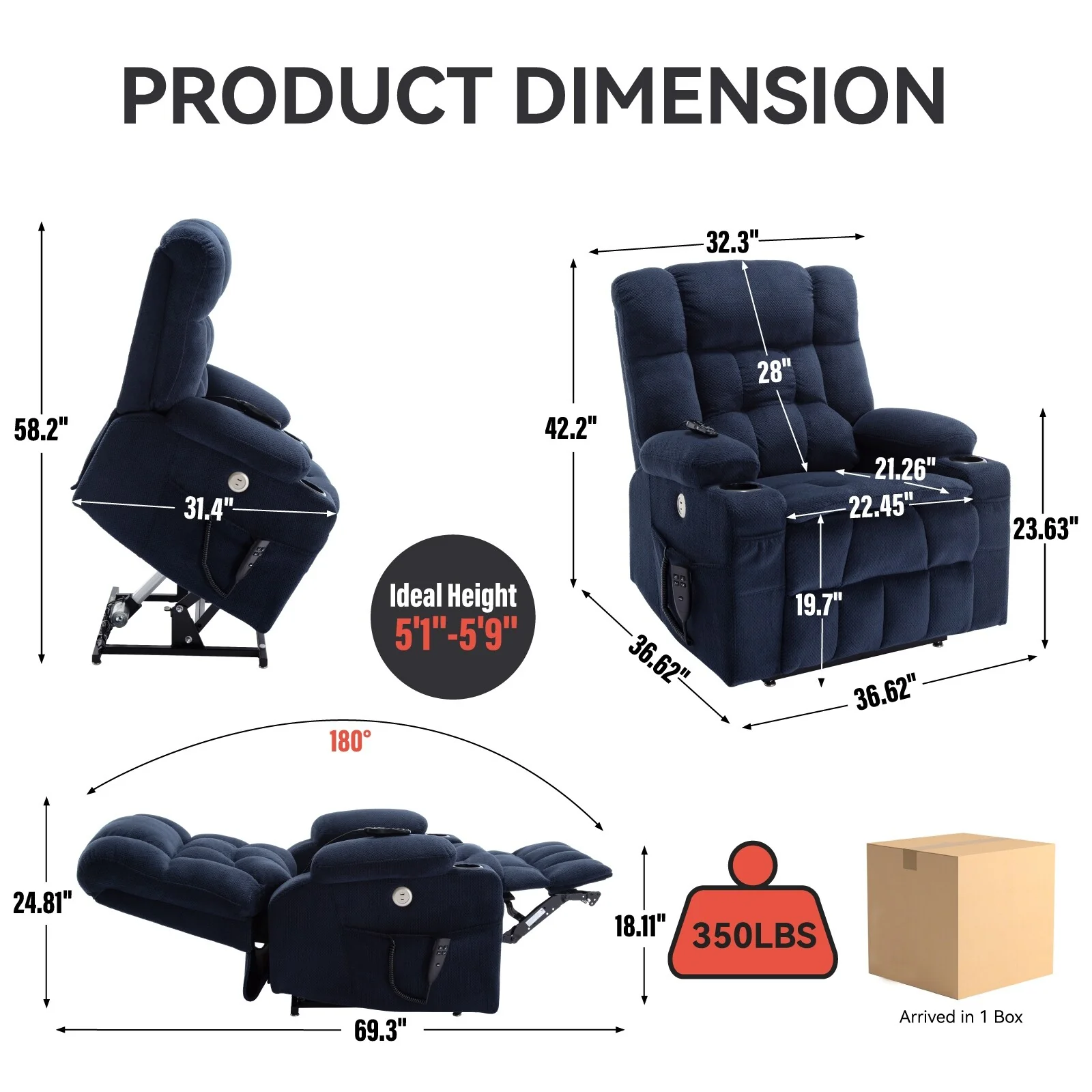 Power Lift Recliner Chair with Dual Motors, 8-Point Vibration Massage & Lumbar Heat, Dual Cup Holders & Side Pockets