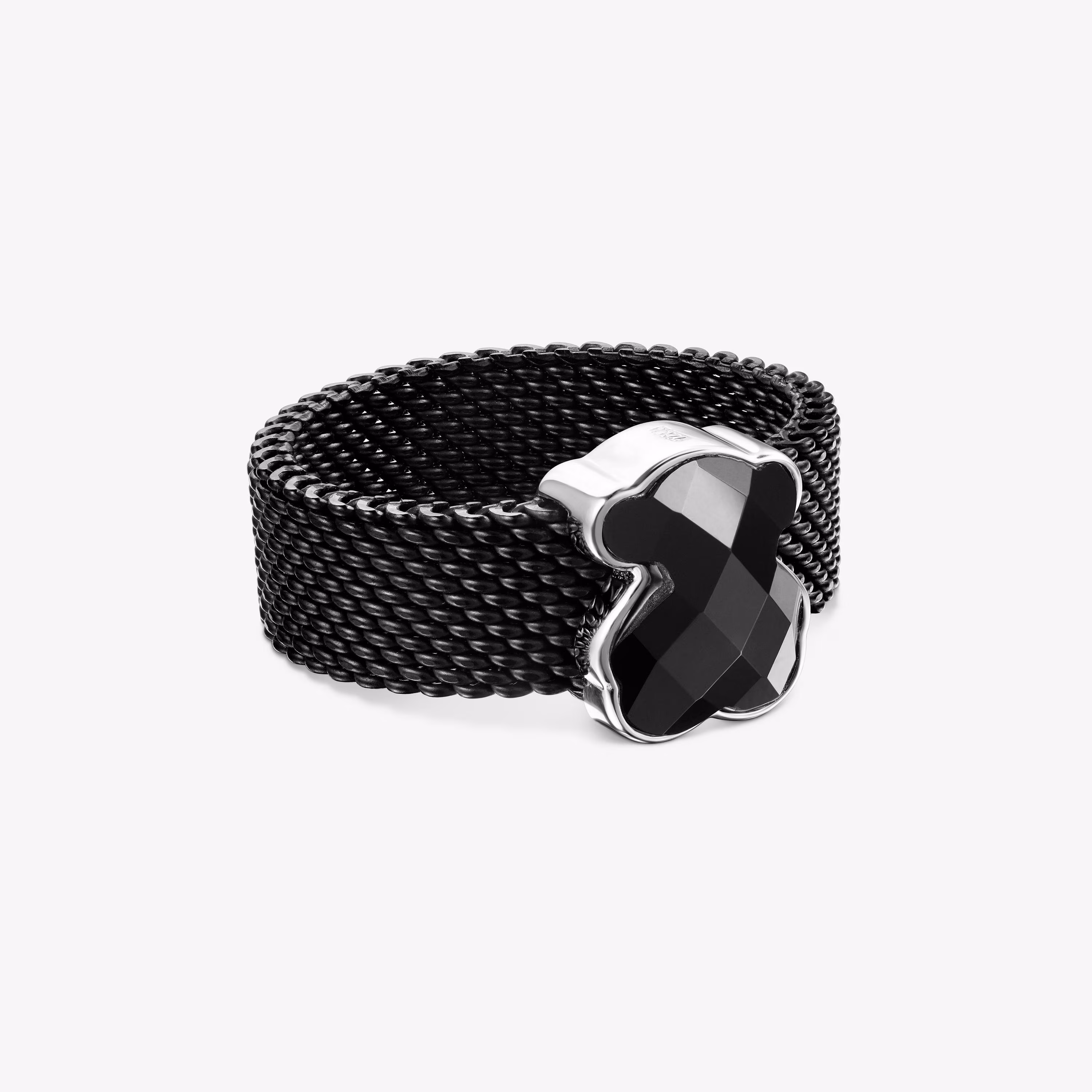 Anillo de acero IP negro y ónix facetado motivo oso Mesh Color