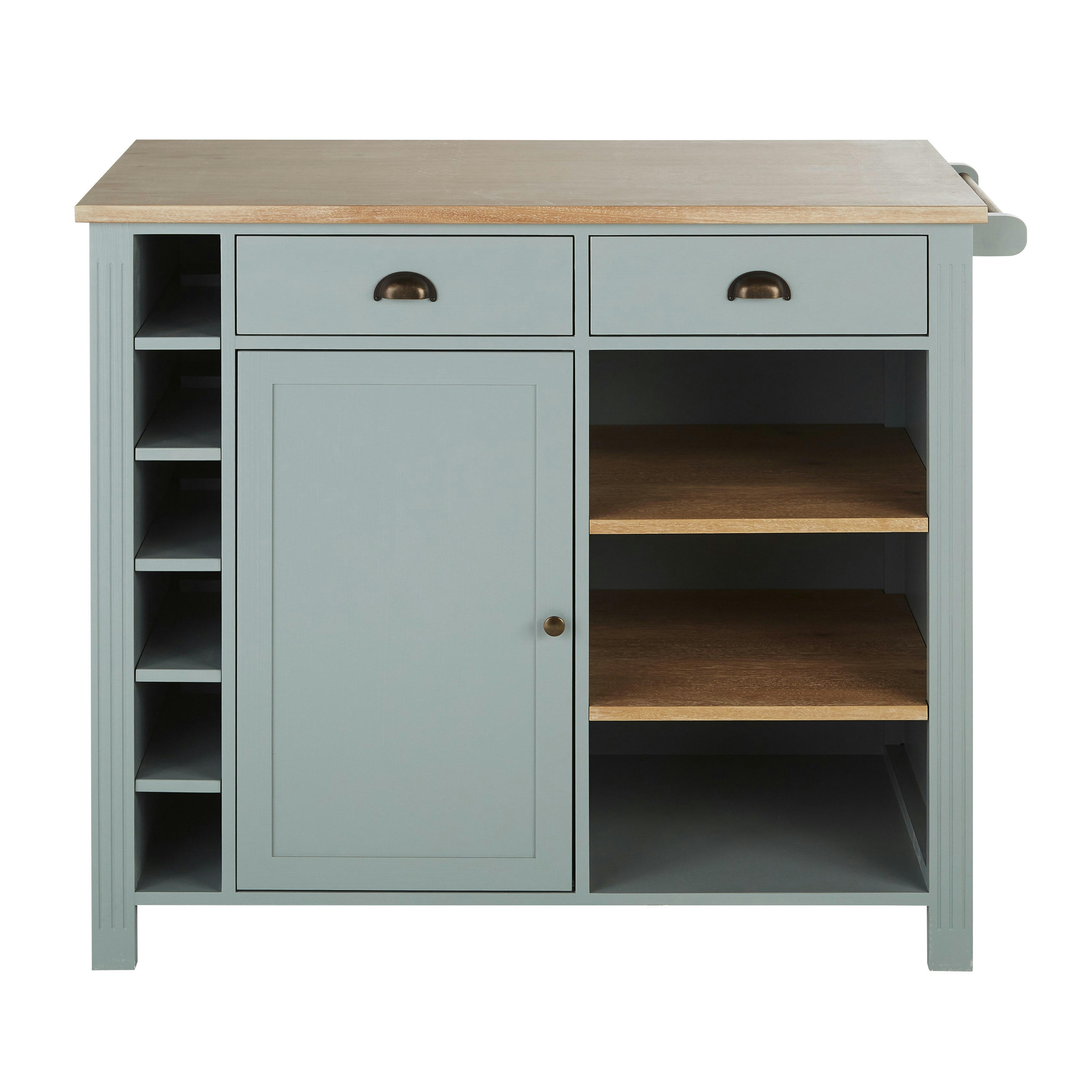 Beaumont - Îlot central cuisine 2 tiroirs, 1 porte, 1 étagère et 6 niches vert d'eau et beige