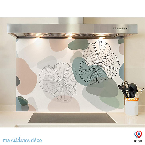 Crédence cuisine fond de hotte fleurs graphiques - Verre trempé - L 90 cm x H 60 cm - MaCrédenceDéco