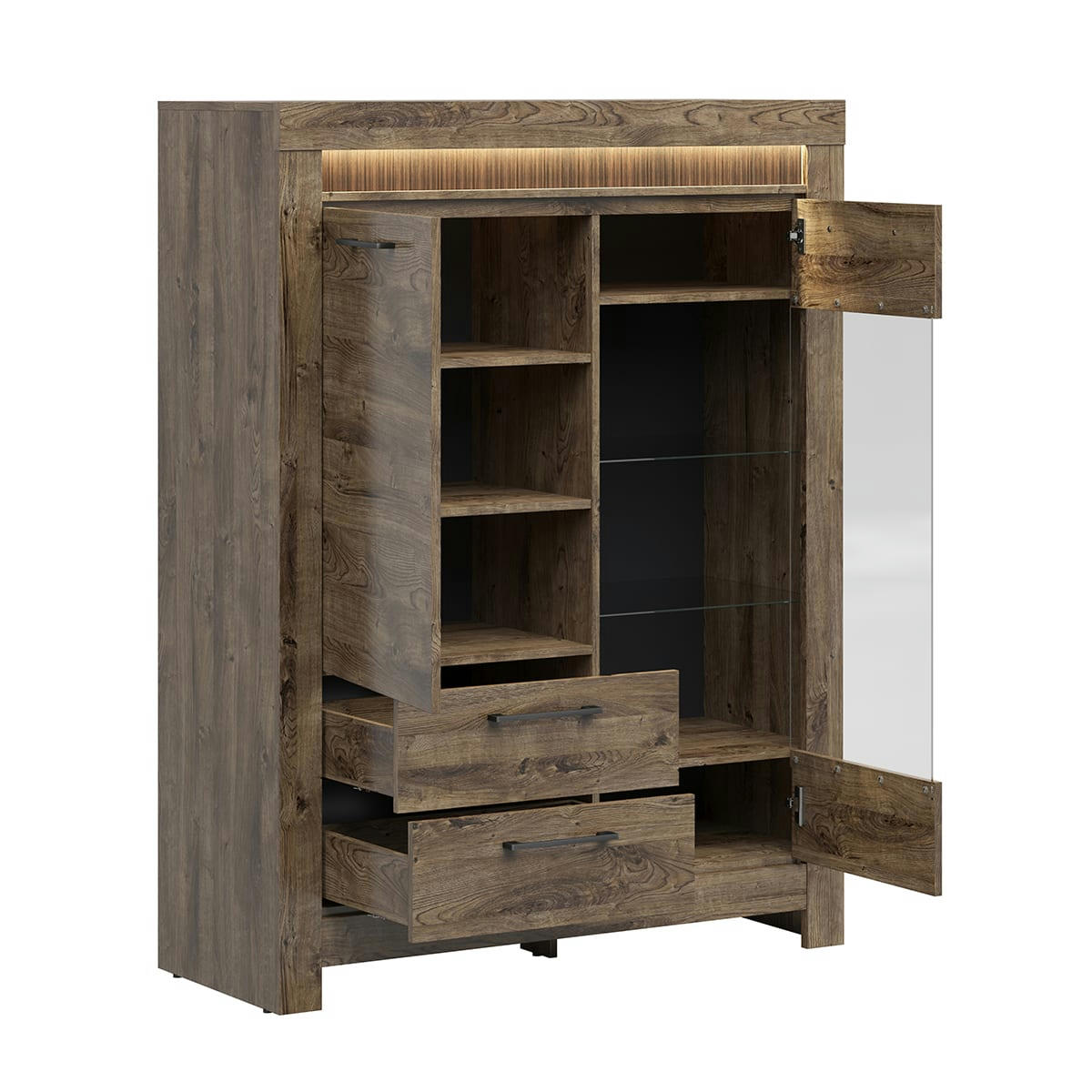 - Vaisselier 2 portes 2 tiroirs LED inclus panneaux mdf naturel