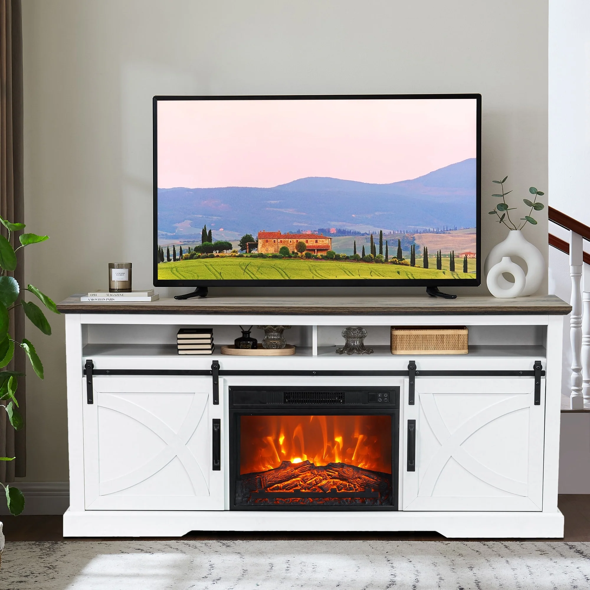 68 Farmhouse White Electric Fireplace TV Stands Console for 78-inch TV with Remote