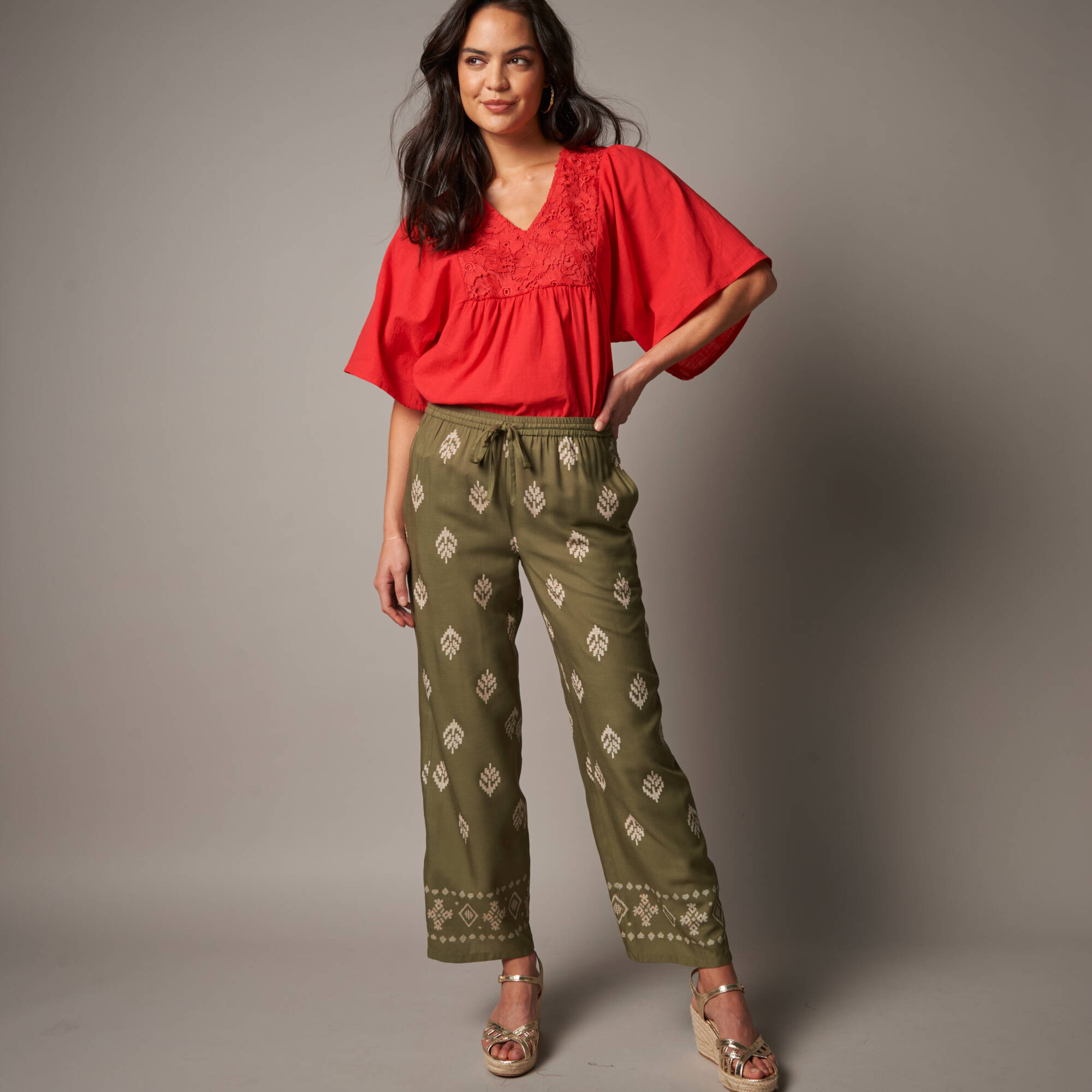 Pantalon large taille haute, viscose imprimée
