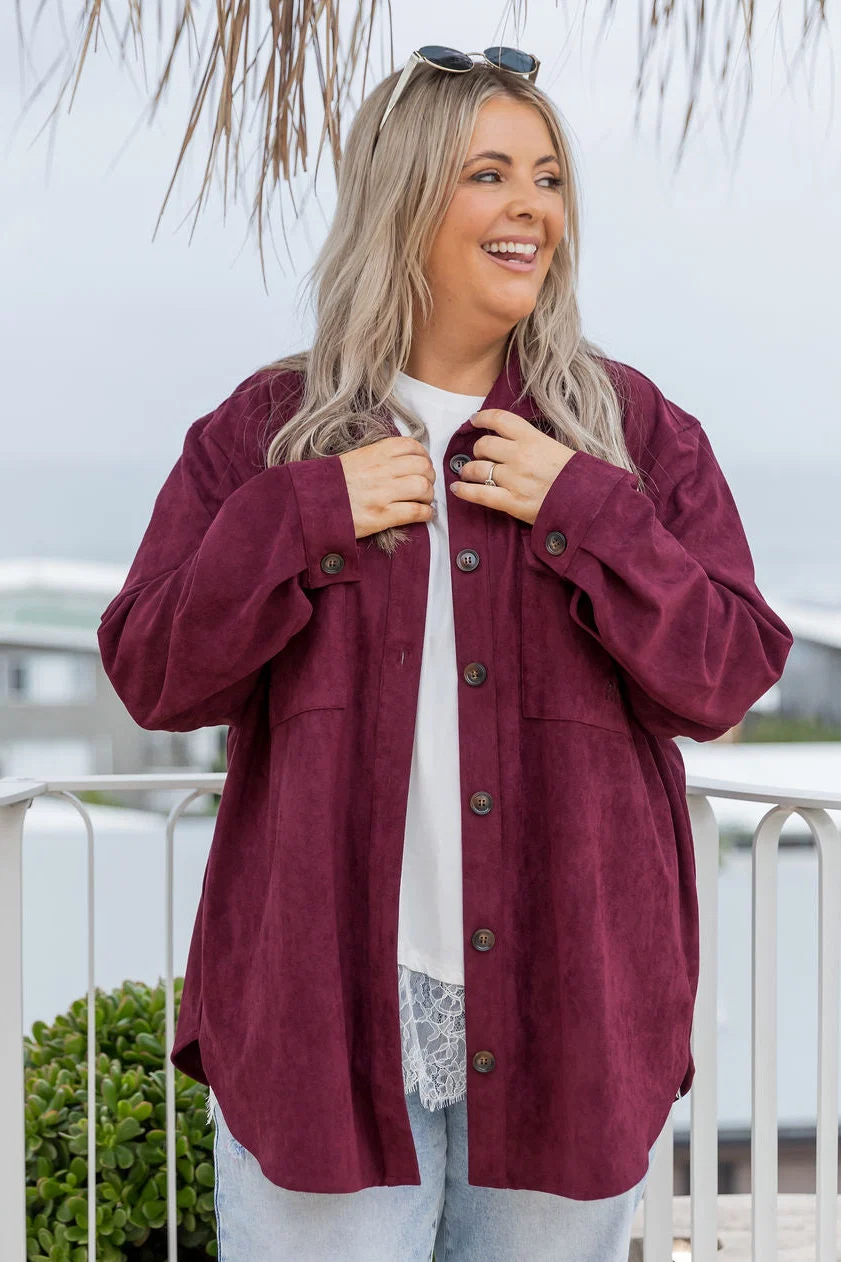 Elsia Shacket in Burgundy Faux Suede