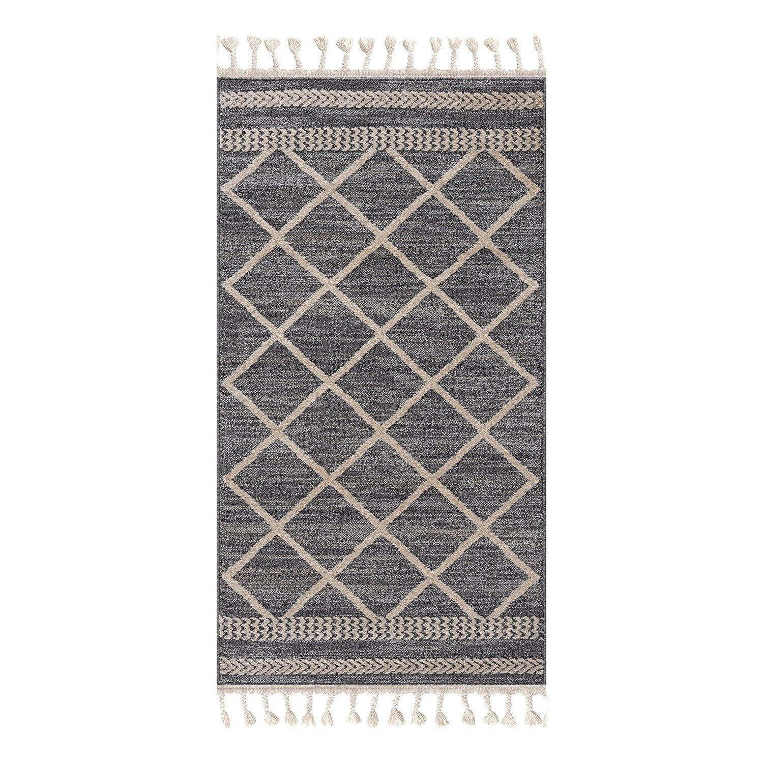 FLÄT - Tapis géométrique à franges tressées gris et crème 80x300cm