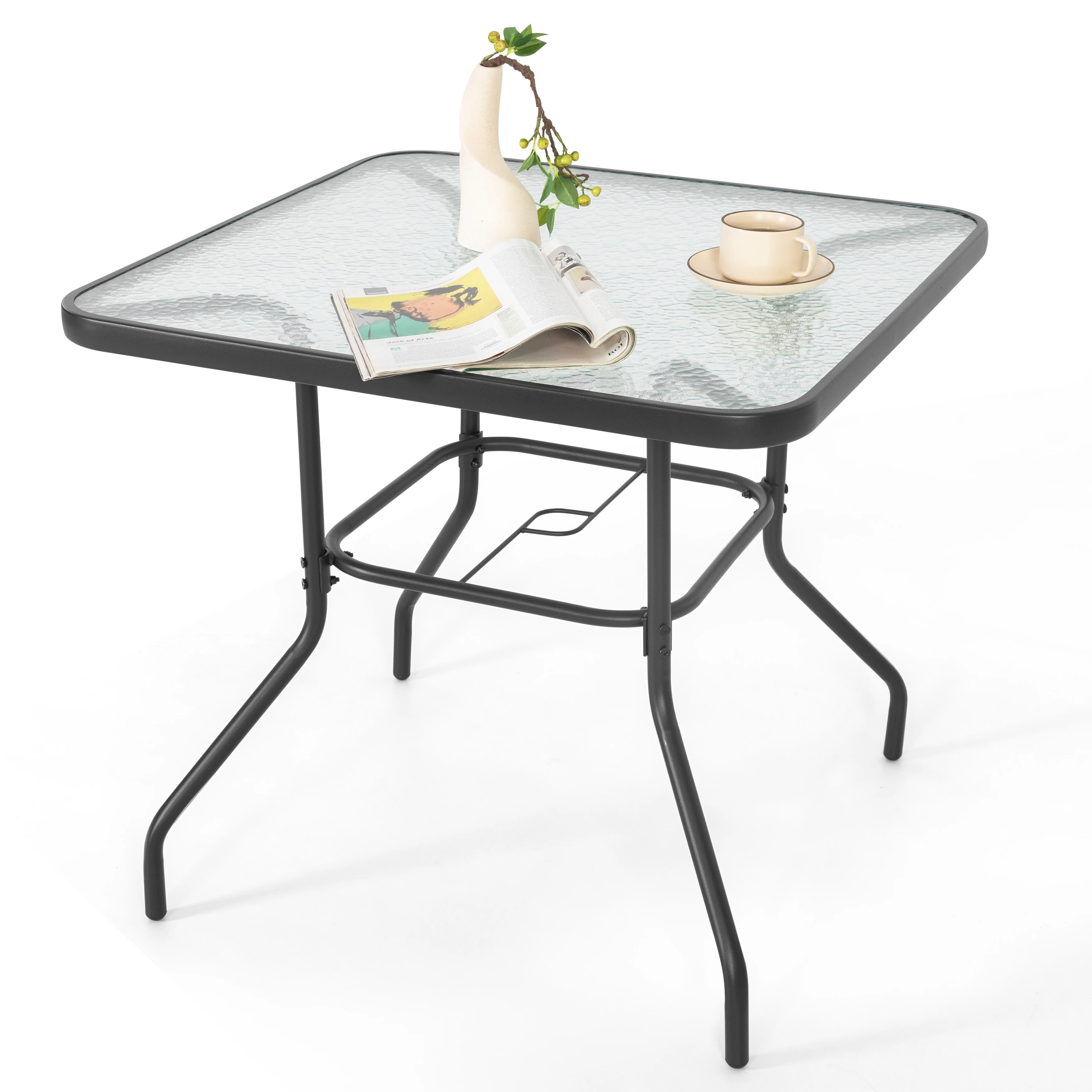 Nuu Garden Outdoor Square Dining Table, Tempered Glass Tabletop, Gray