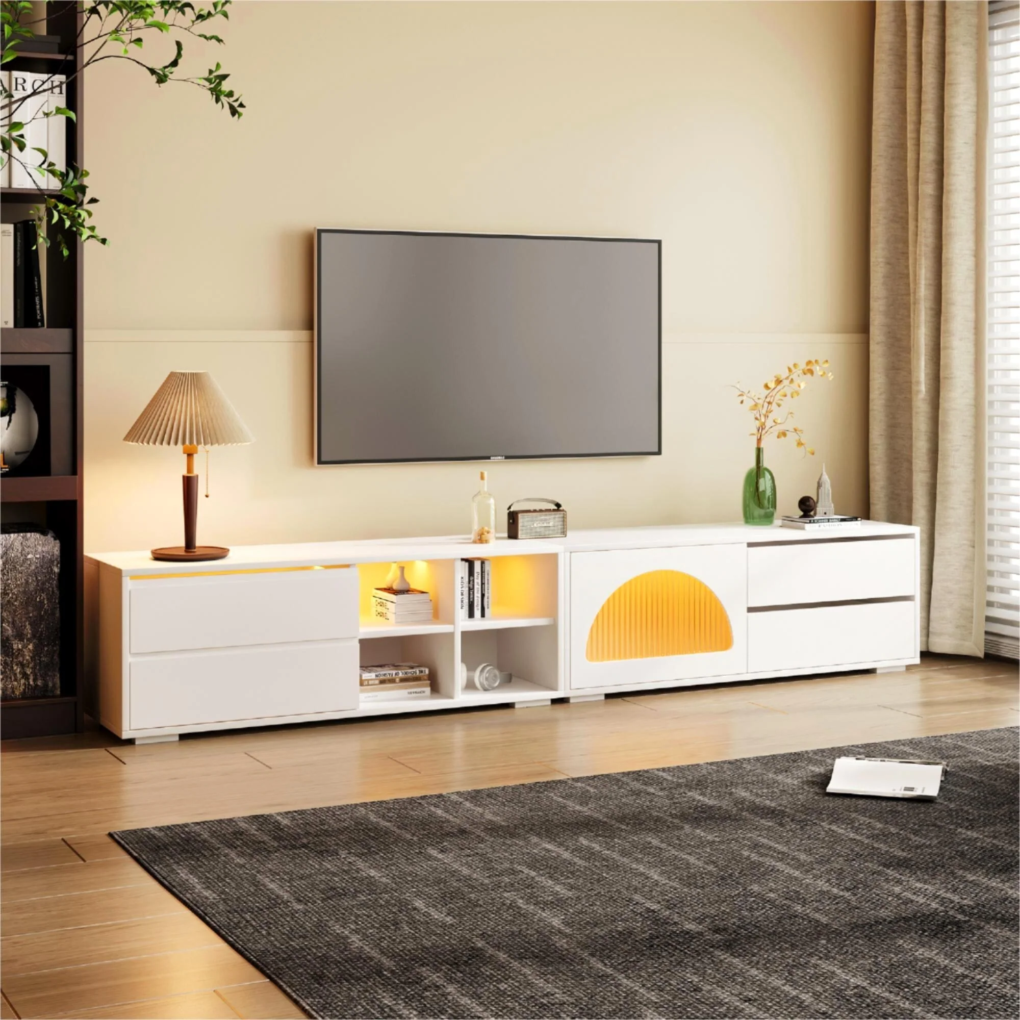 94.4-Inch Modular TV Stand with Translucent Glass Door and LED Lighting for Large TVs