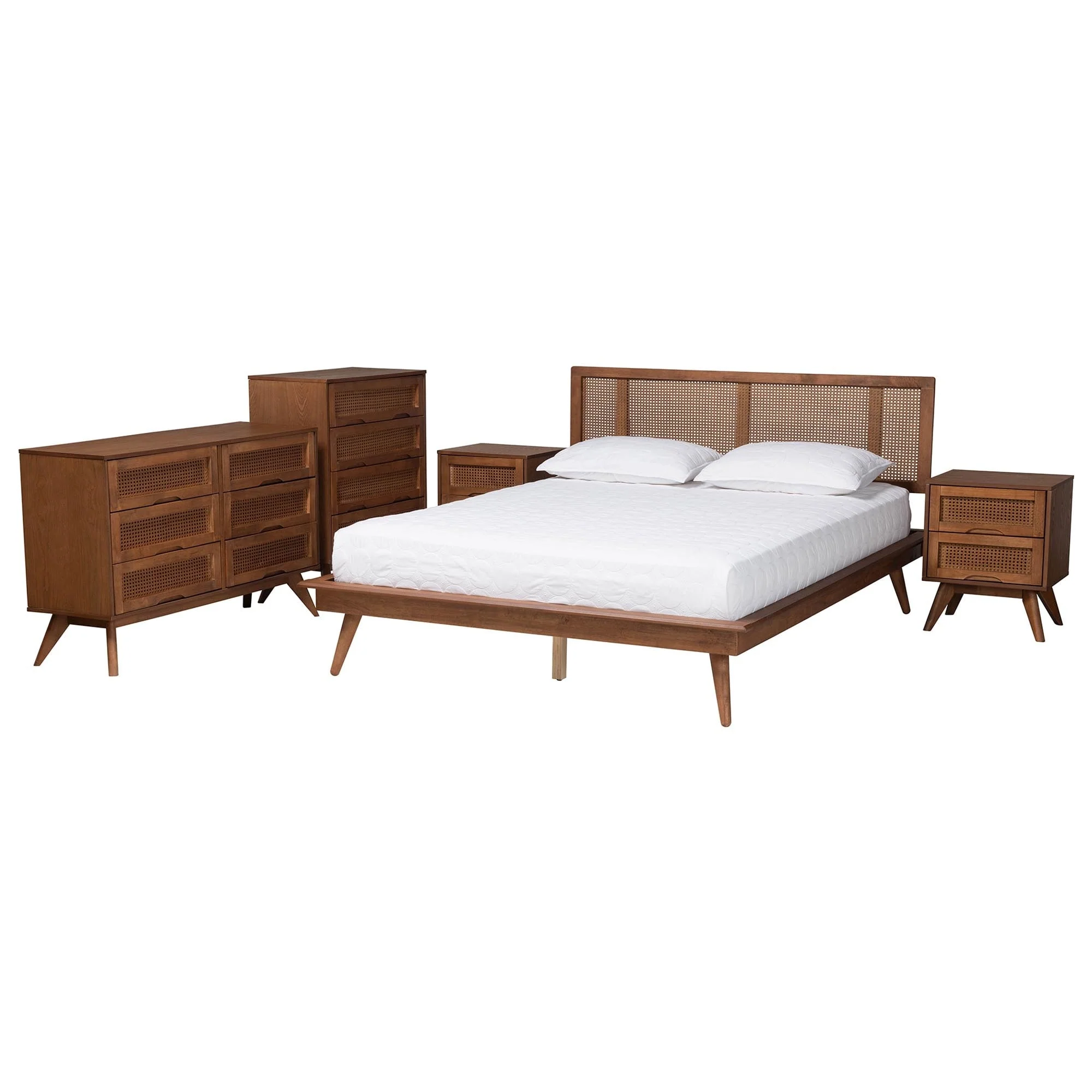 Nura Mid-Century Modern Walnut Brown Finished Wood and Rattan 3-Piece/4-Piece/5-Piece Bedroom Set (Multiple Bed Sizes)