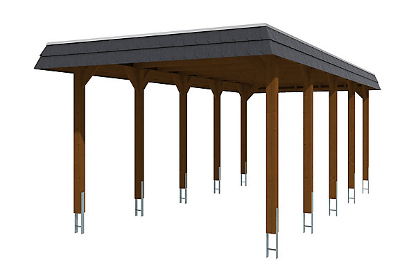 Carport SKAN HOLZ Spreewald 345x741cm, planches de toit et EPDM, bandeau noir, bois résineux imprégné, traitement coloré noyer