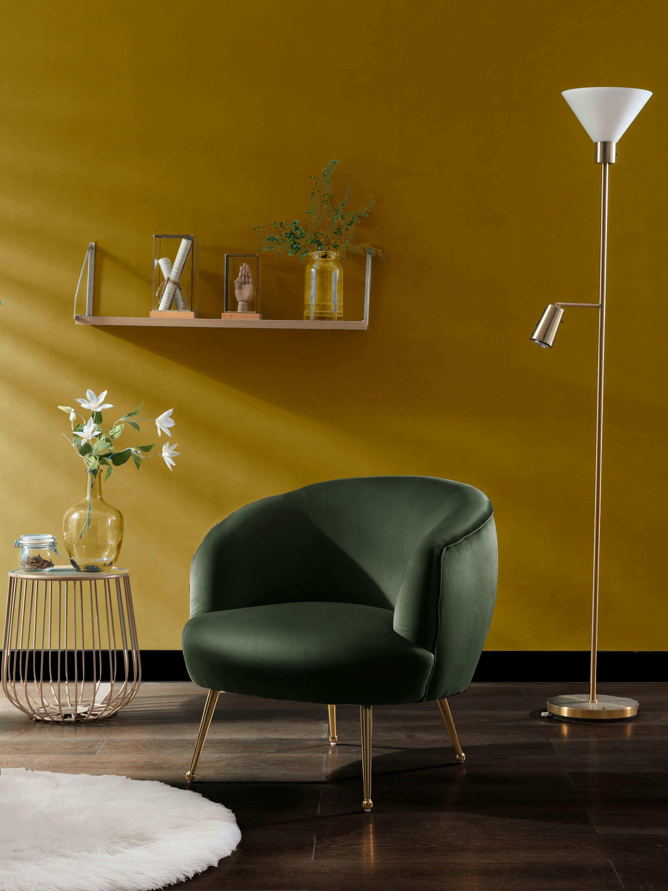 EDEN - Fauteuil lounge en velours Army et pieds dorés