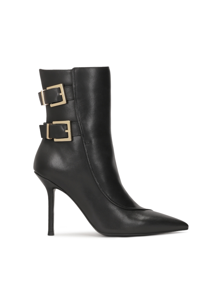 Elegant black stiletto heeled boots decorated with logo buckles