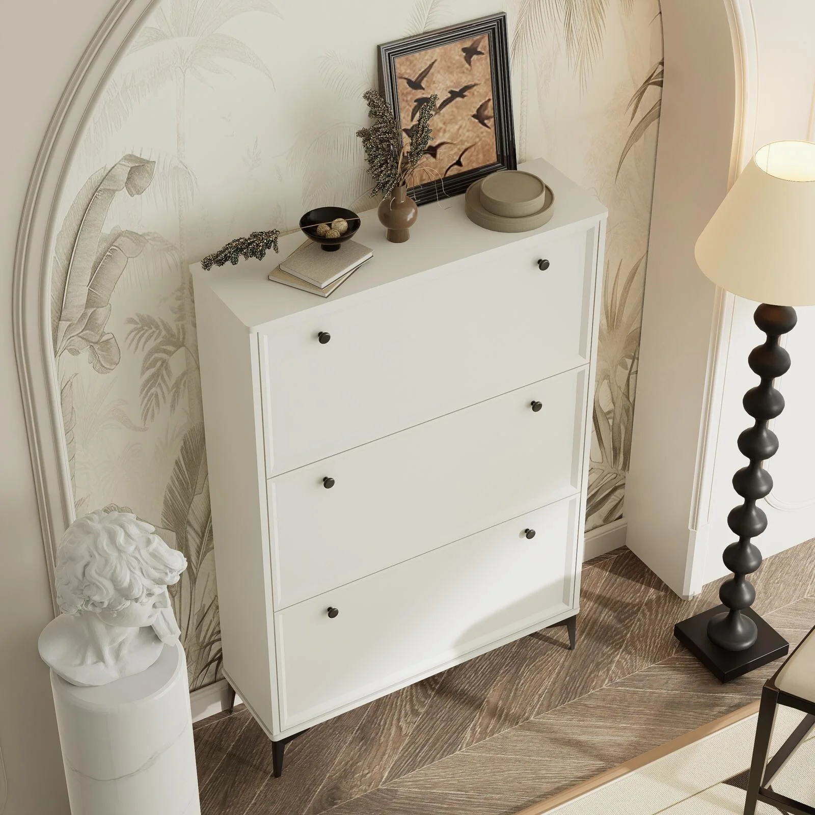 Modern White Shoe Cabinet with 3 Flip Drawers, Narrow Organizer