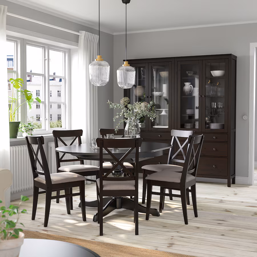INGATORP / INGOLF Table and 6 chairs, black/Nolhaga gray/beige, 43 1/4/61 