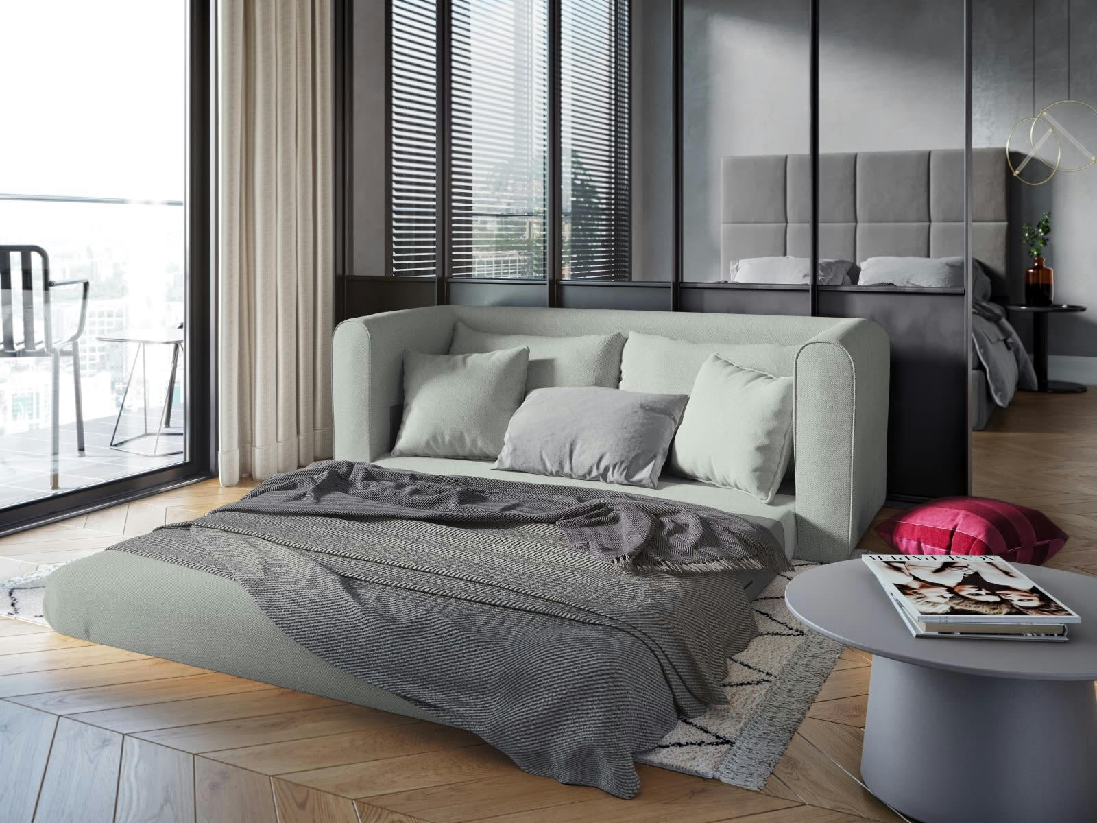 LIDO - Canapé convertible 2 places en tissu structuré bleu pastel