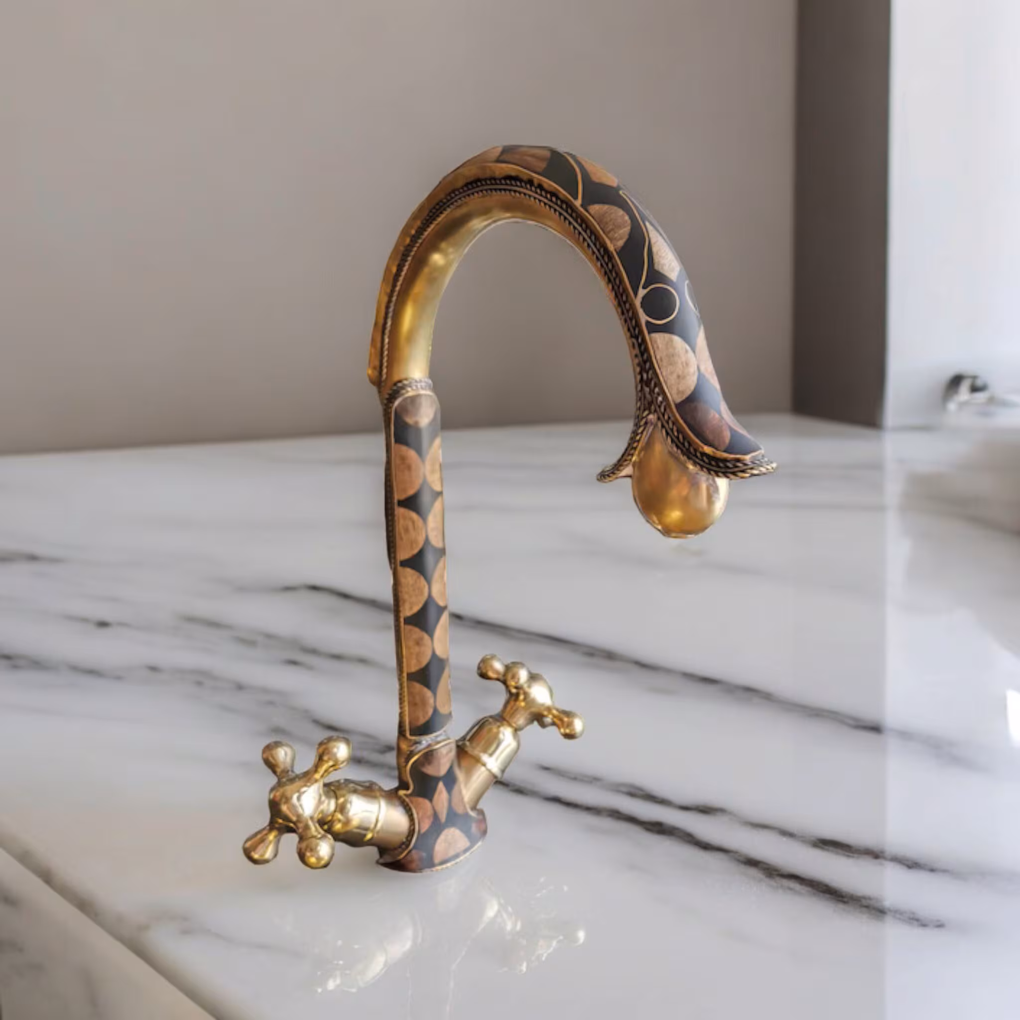 Unlacquered Brass Bathroom Faucet Adorned With Resin And Moroccan Walnut Wood