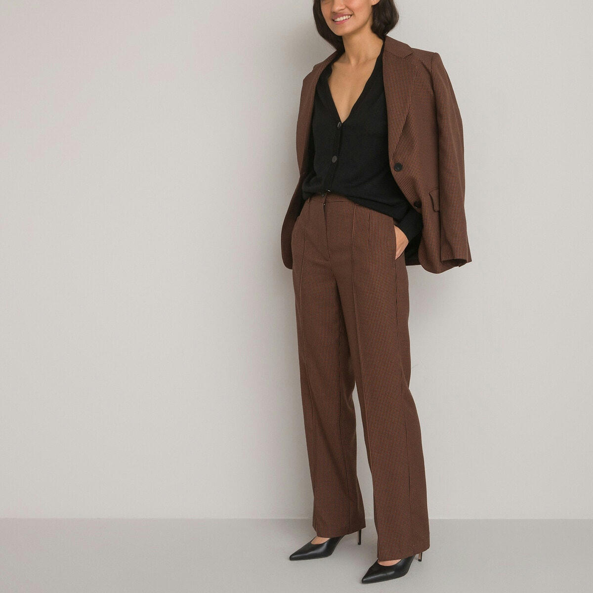 Pantalon droit, à carreaux pied-de-poule