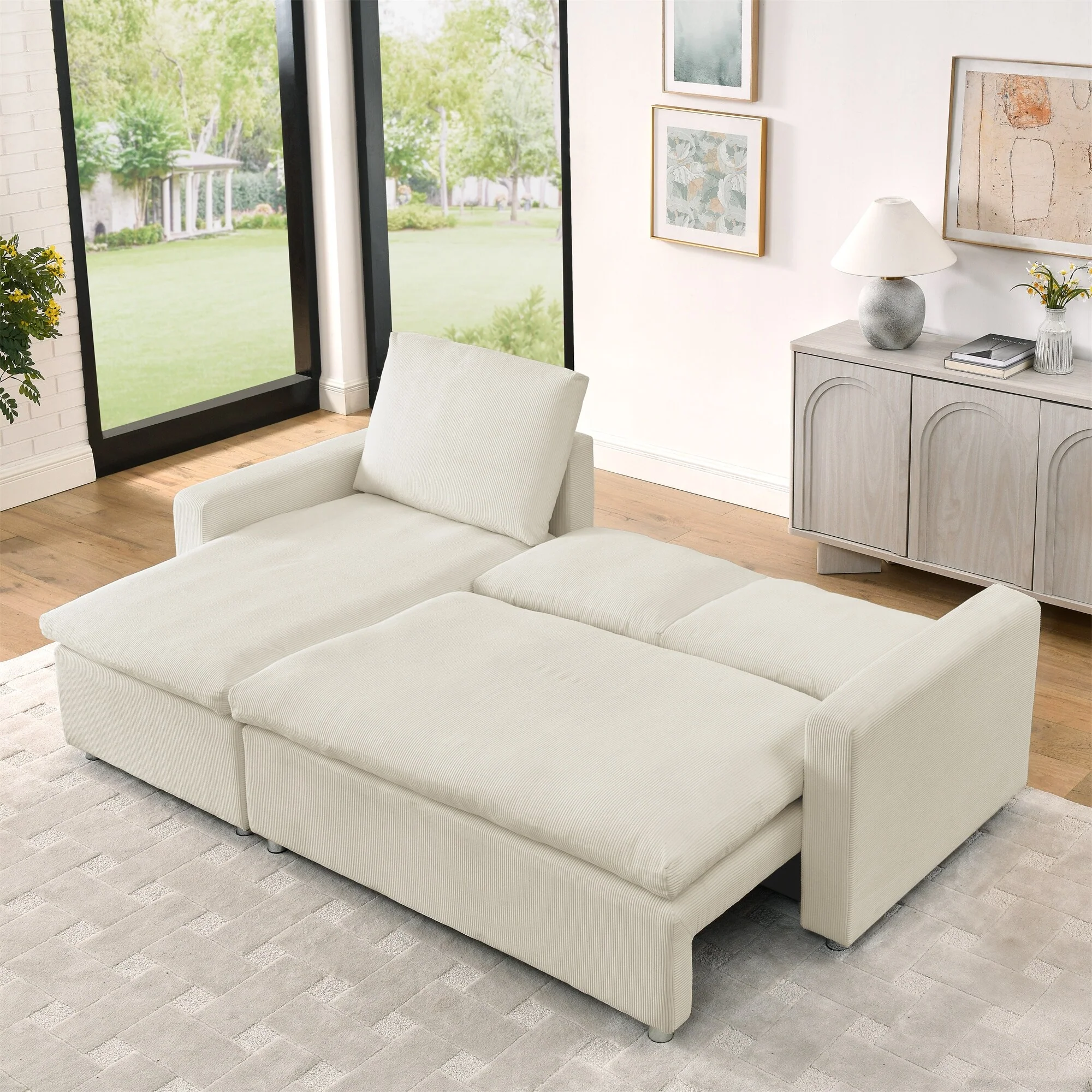 L Shaped Sofa Convertible Pull-out Sleeper Sofa Bed, Living Room Sectional Daybed with Storage Chaise, Corduroy Recliner