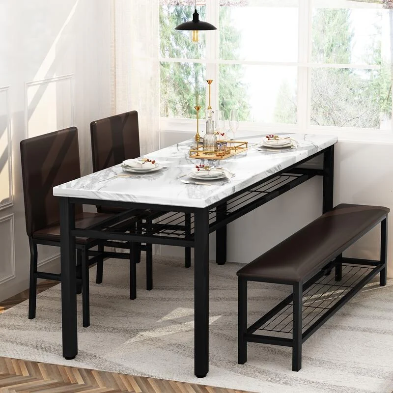 4-Piece Modern Dining Table Set, Faux Marble Kitchen Table with PU leather Bench and Chairs for Kitchen, Dining Room