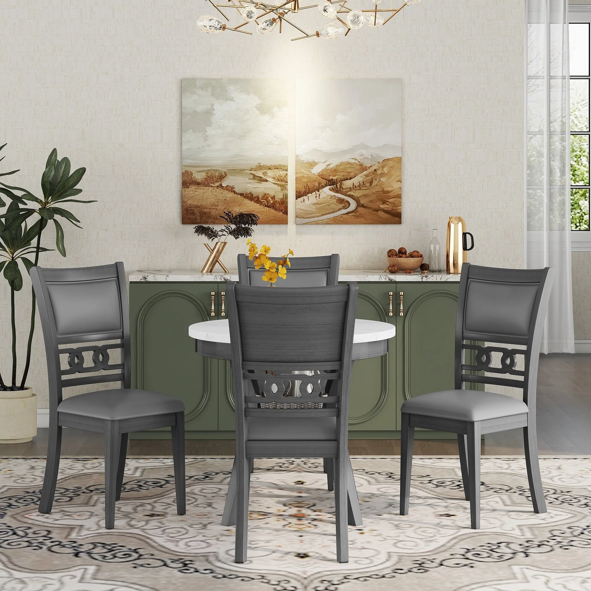 Modern Style 5-Piece Dining Set with Round Faux Marble Table and 4 PU-leather Decorative Dining Chairs