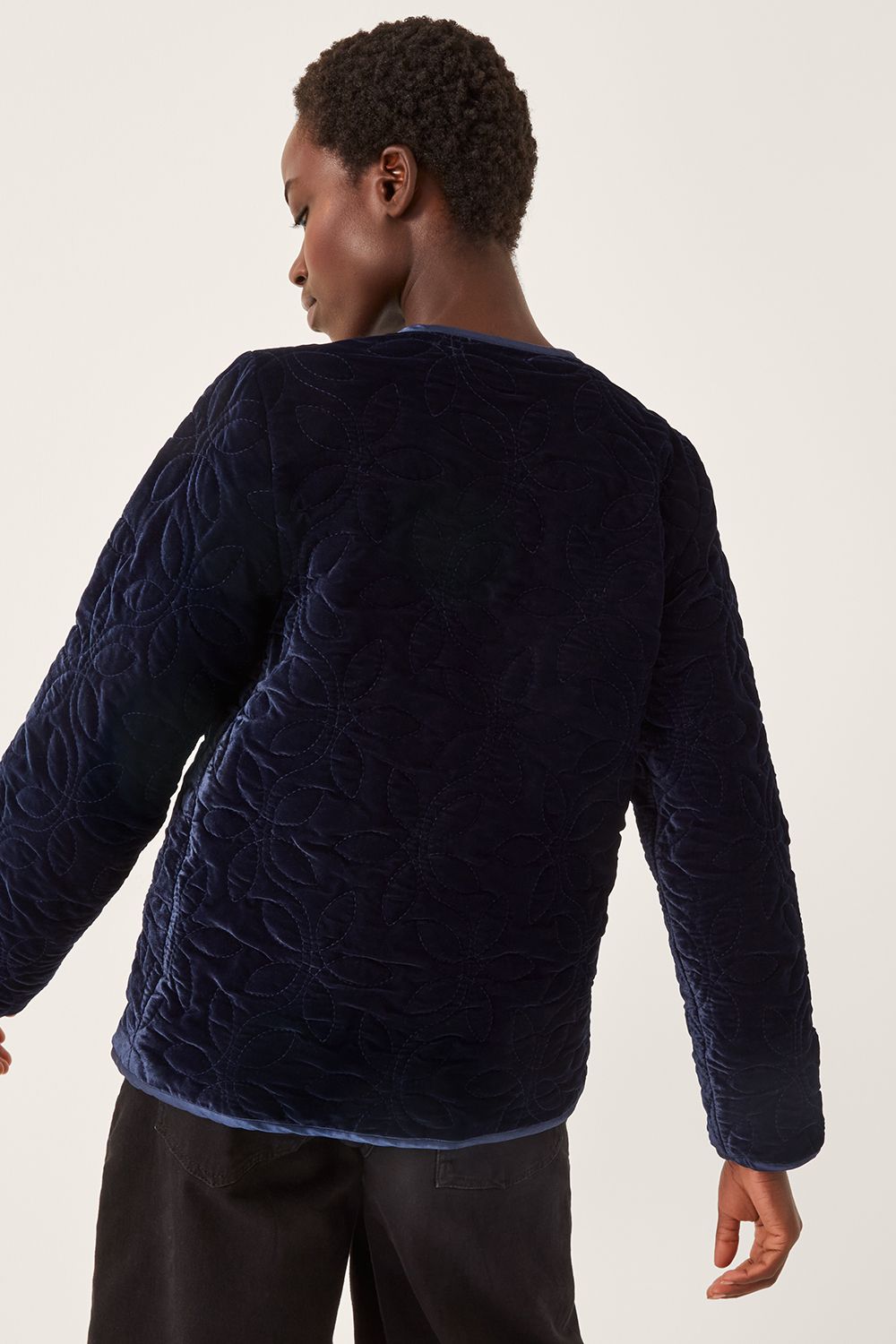 Monsoon Delilah Embroidered Velvet Quilted Jacket Blue