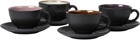 Bitz Koffiekop (240ml)   schotel van zwart aardewerk met gekleurde (lichte tinten) binnenkant (8-Delig)