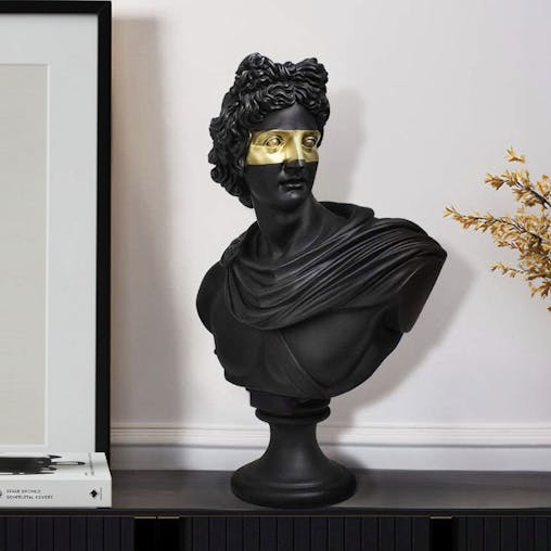 SOGA 40cm Black Classical Bust Resin Sculpture with Gold Eye Mask for Modern Home Decor